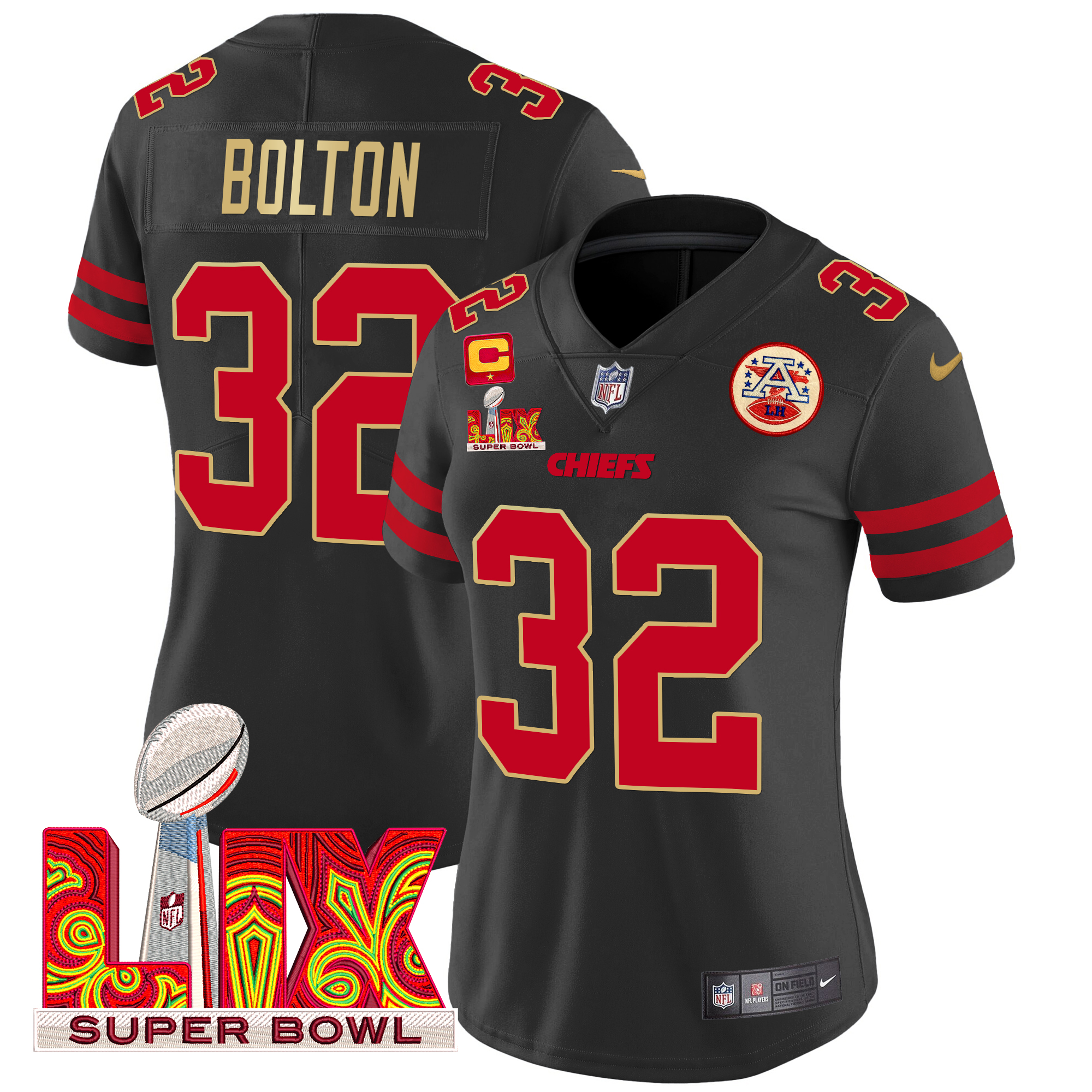 Nick Bolton Women's Kansas City Chiefs Super Bowl LIX Patch Gold Trim Vapor Limited Black Jersey - All Stitched