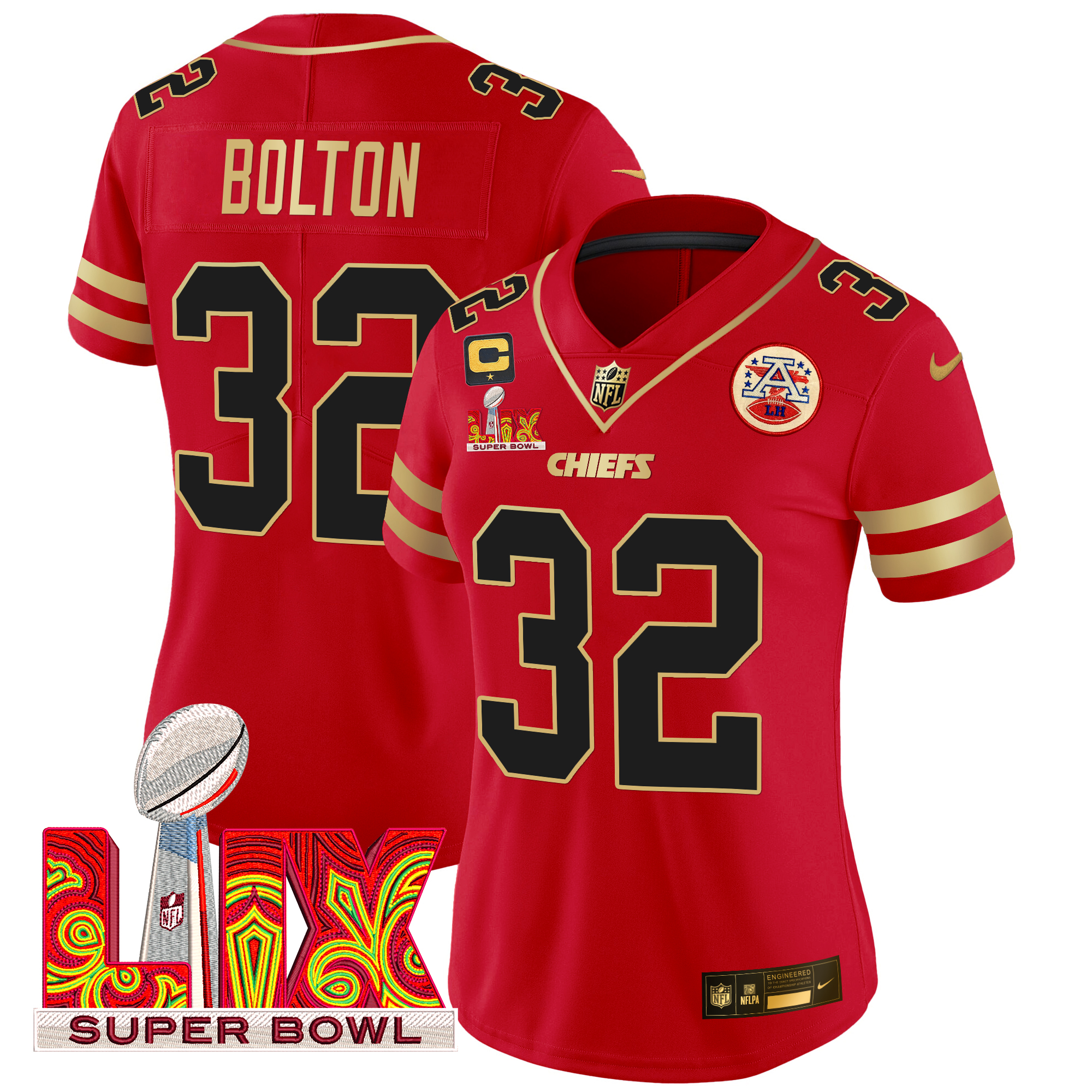 Nick Bolton Women's Kansas City Chiefs Super Bowl LIX Patch Gold Trim Vapor Limited Red Jersey - All Stitched