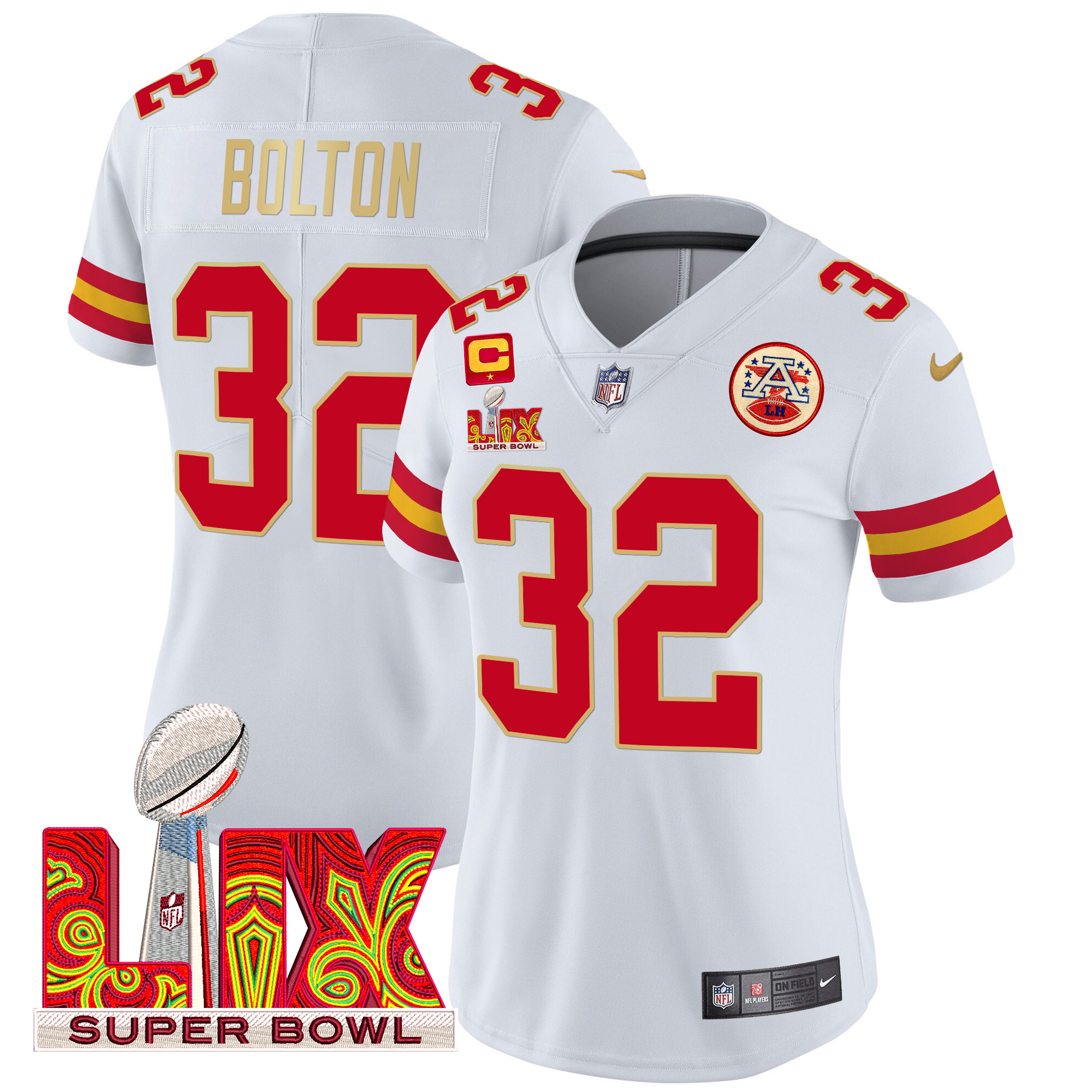 Nick Bolton Women's Kansas City Chiefs Super Bowl LIX Patch Gold Trim Vapor Limited White Jersey - All Stitched