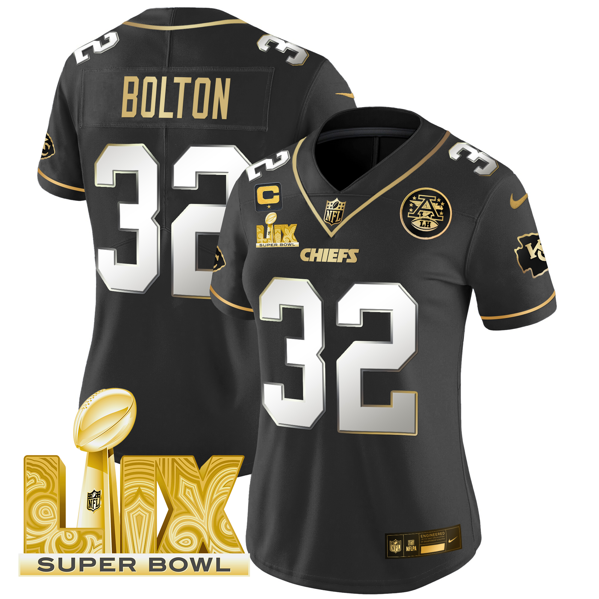 Nick Bolton Women's Kansas City Chiefs Super Bowl LIX Patch Gold Vapor Limited Black Limited Jersey - All Stitched
