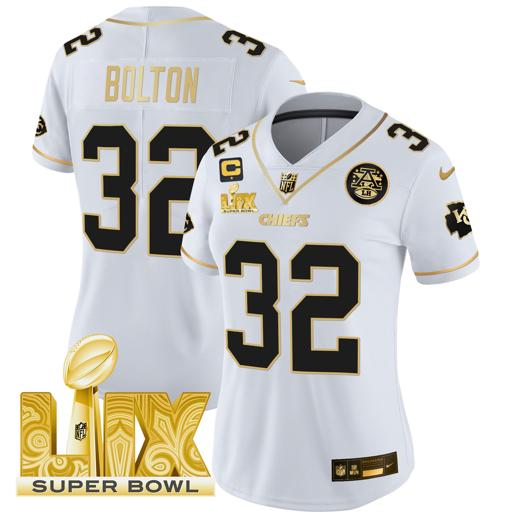 Nick Bolton Women's Kansas City Chiefs Super Bowl LIX Patch Gold Vapor Limited White Gold Jersey - All Stitched