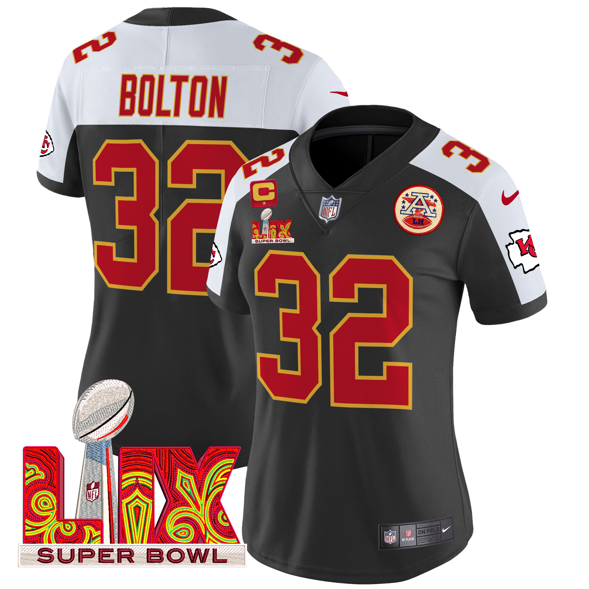 Nick Bolton Women's Kansas City Chiefs Super Bowl LIX Patch Vapor Limited Black Alternate Jersey - All Stitched