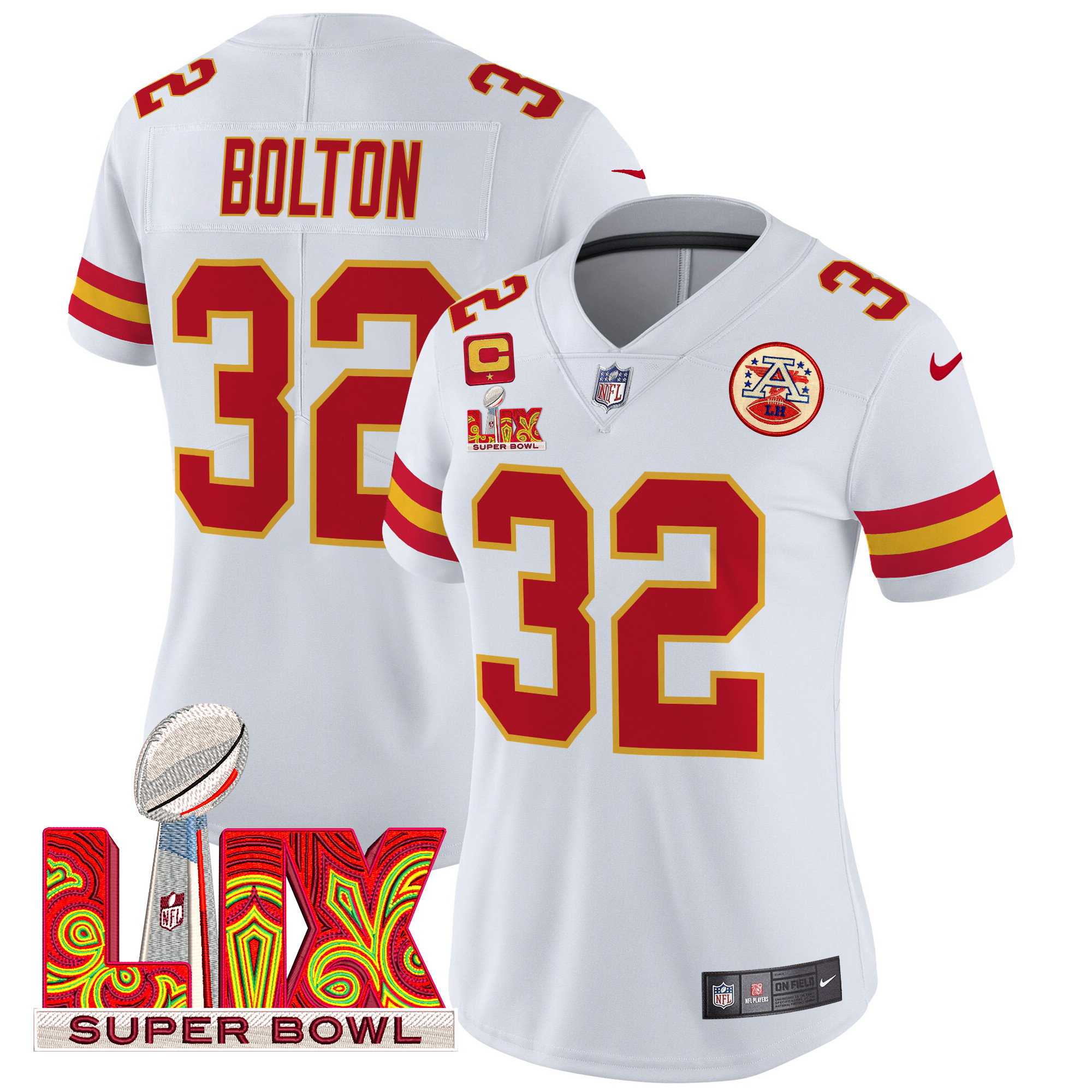 Nick Bolton Women's Kansas City Chiefs Super Bowl LIX Patch Vapor Limited White Jersey - All Stitched