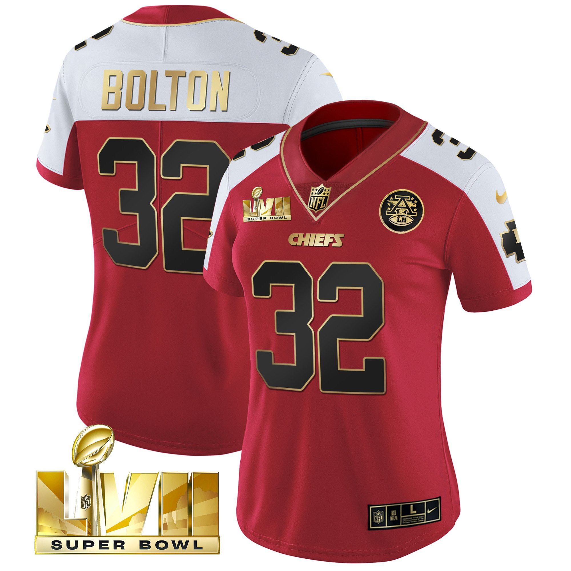 Nick Bolton Women's Kansas City Chiefs Super Bowl LVII Red Gold Vapor Red Alternate Jersey - All Stitched