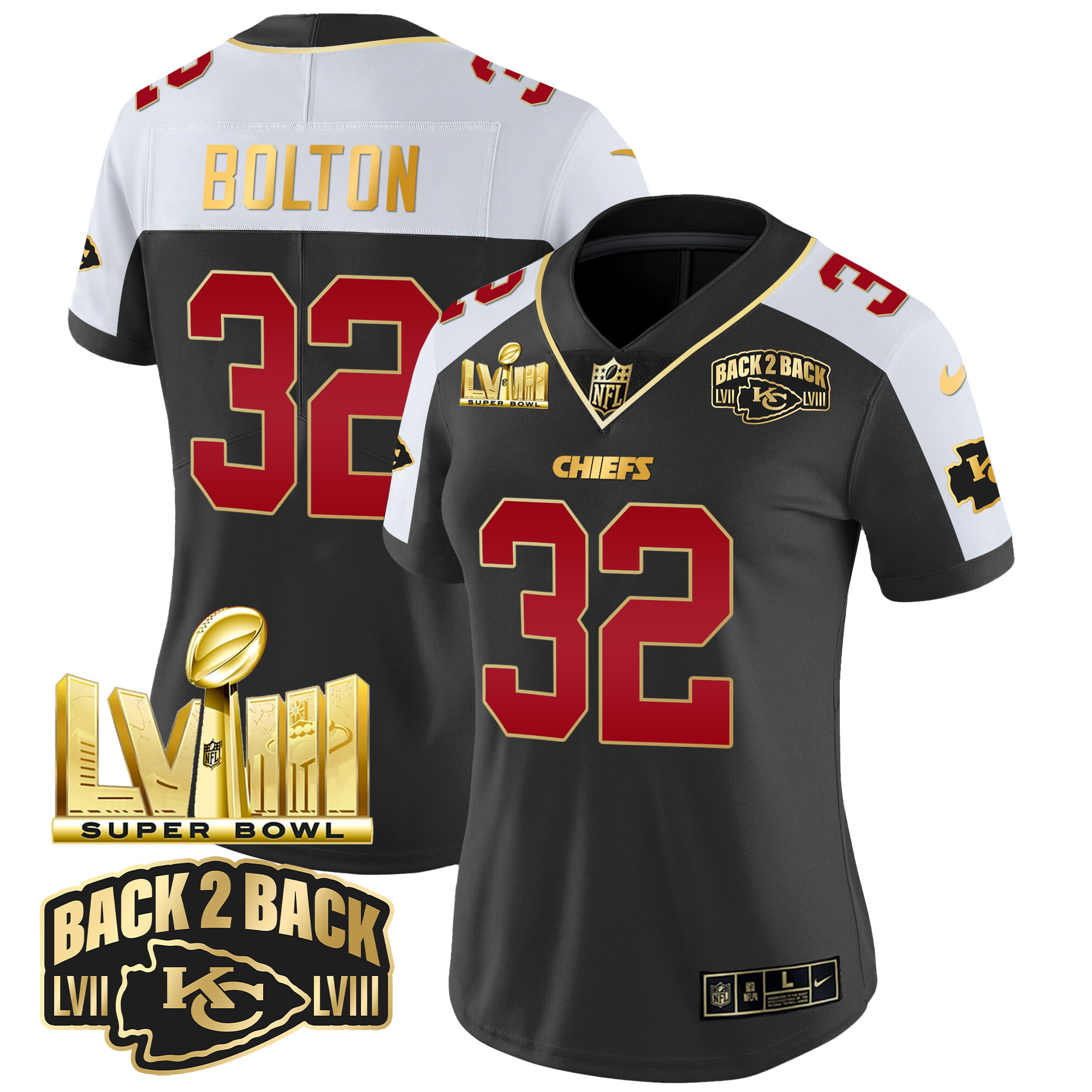 Nick Bolton Women's Kansas City Chiefs Super Bowl LVIII & Back 2 Back Gold Patch Vapor Black Alternate Jersey - All Stitched