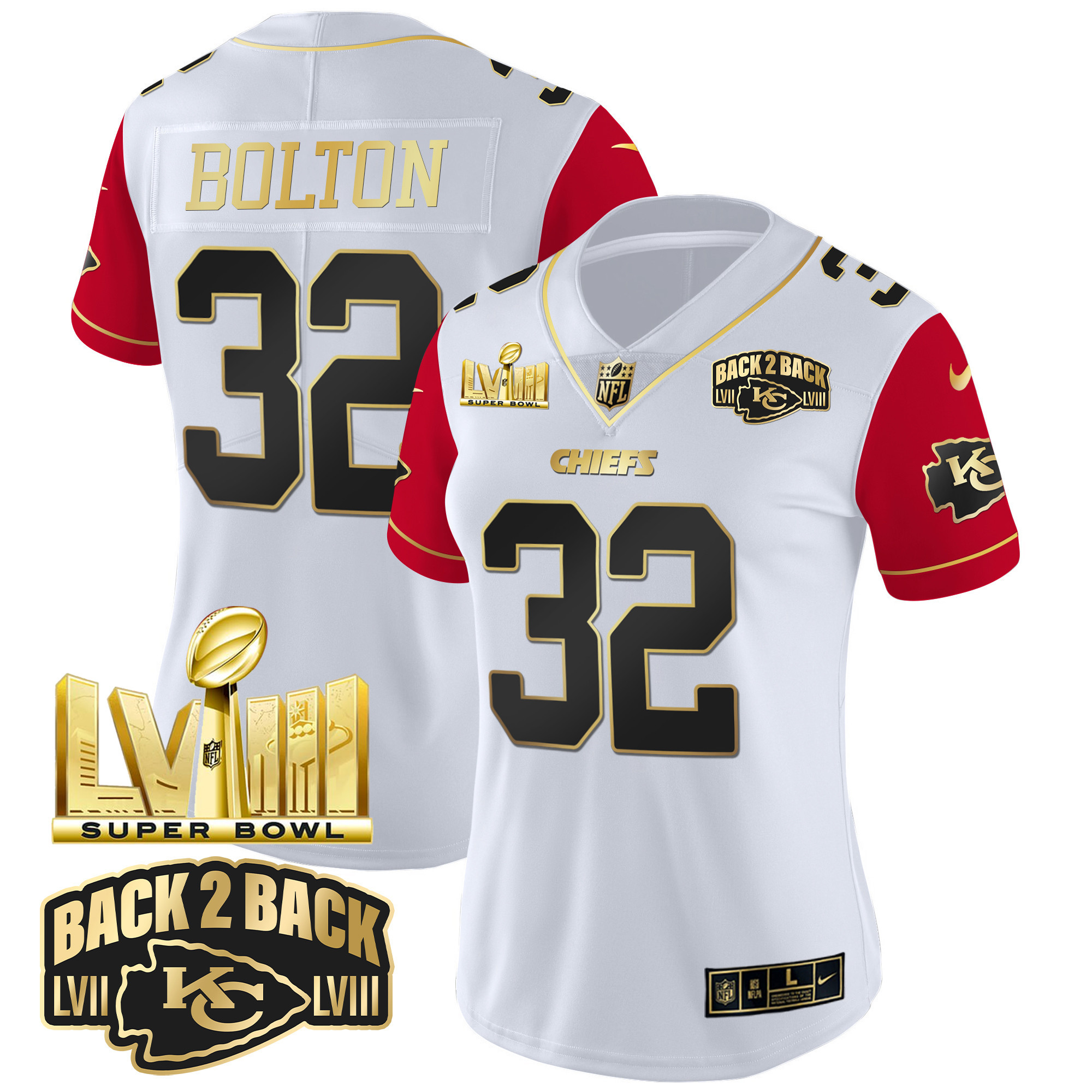 Nick Bolton Women's Kansas City Chiefs Super Bowl LVIII & Back 2 Back Gold Patch Vapor Color Sleeves Jersey - All Stitched