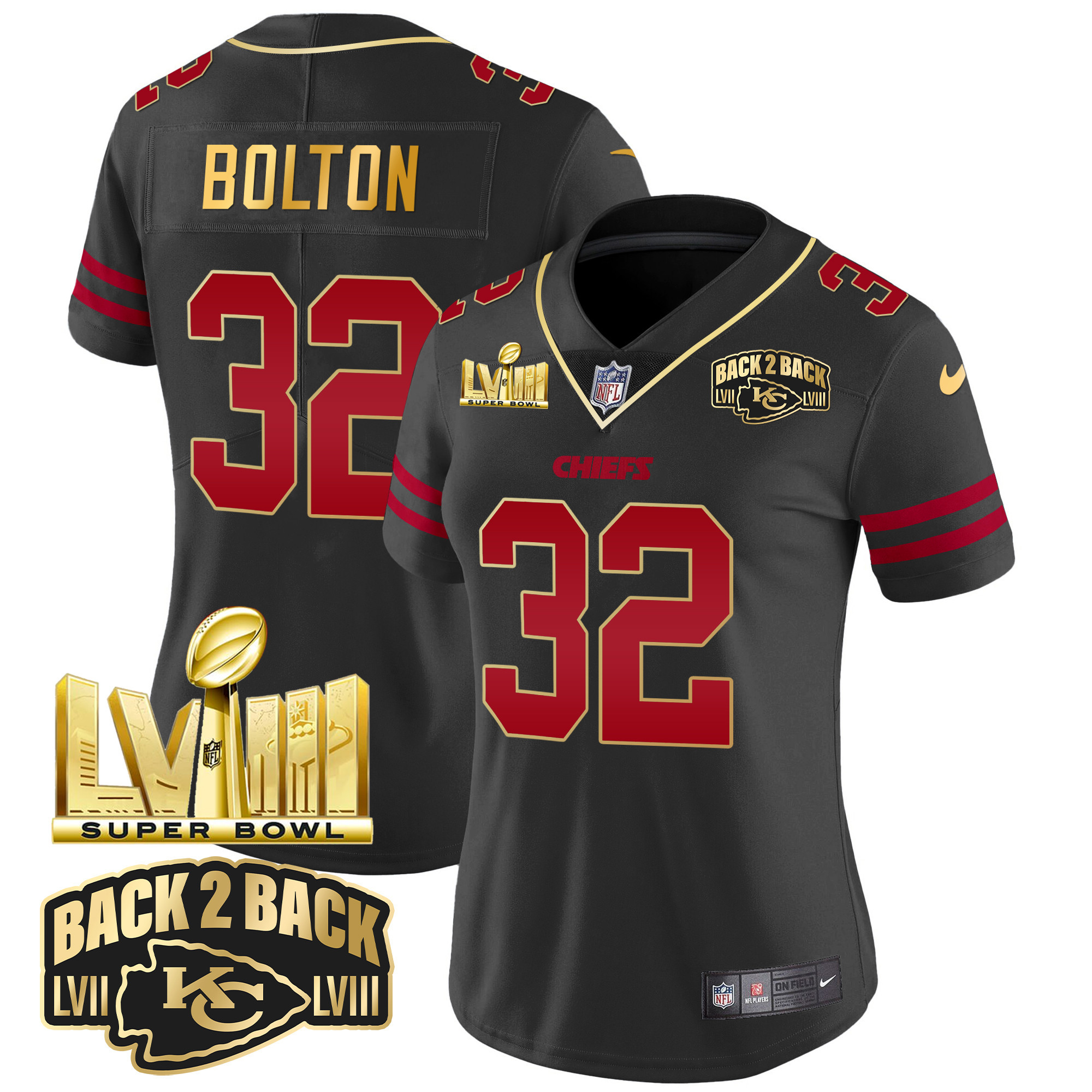Nick Bolton Women's Kansas City Chiefs Super Bowl LVIII & Back 2 Back Gold Patch Vapor Gold Trim Jersey - All Stitched