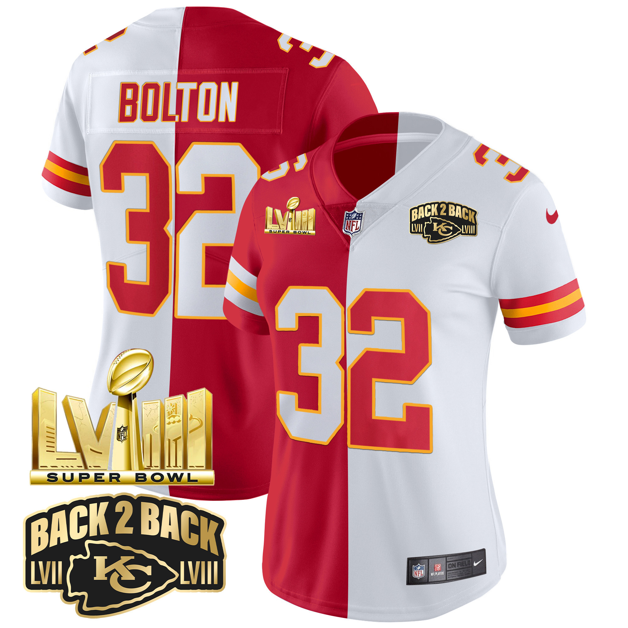 Nick Bolton Women's Kansas City Chiefs Super Bowl LVIII & Back 2 Back Gold Patch Vapor Split Jersey - All Stitched