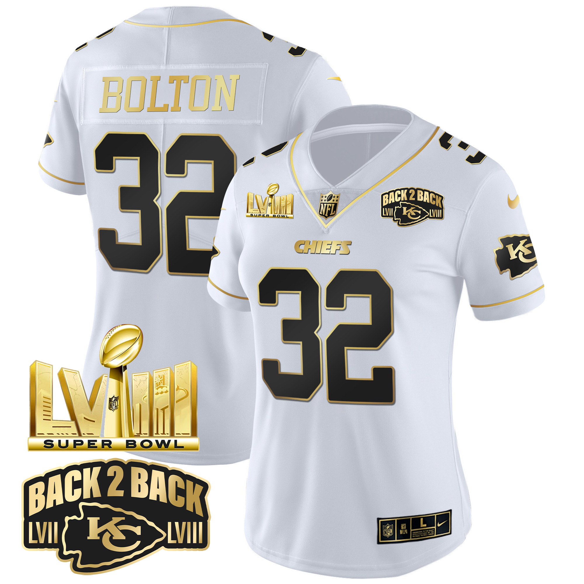 Nick Bolton Women's Kansas City Chiefs Super Bowl LVIII & Back 2 Back Gold Patch Vapor White Gold Jersey - All Stitched