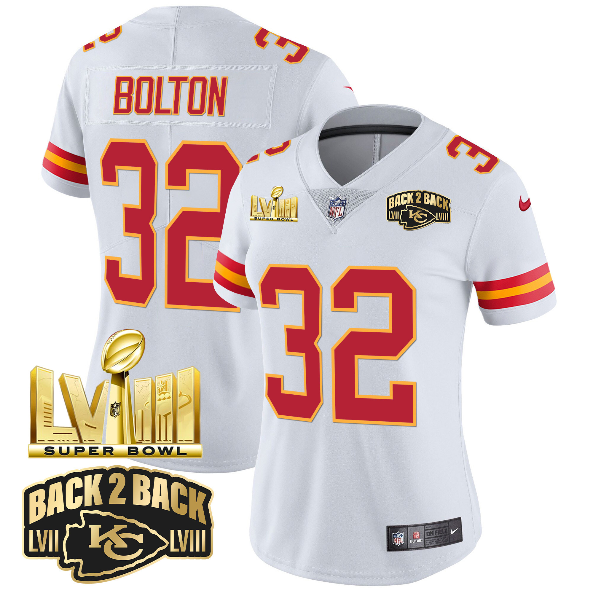 Nick Bolton Women's Kansas City Chiefs Super Bowl LVIII & Back 2 Back Gold Patch Vapor White Jersey - All Stitched