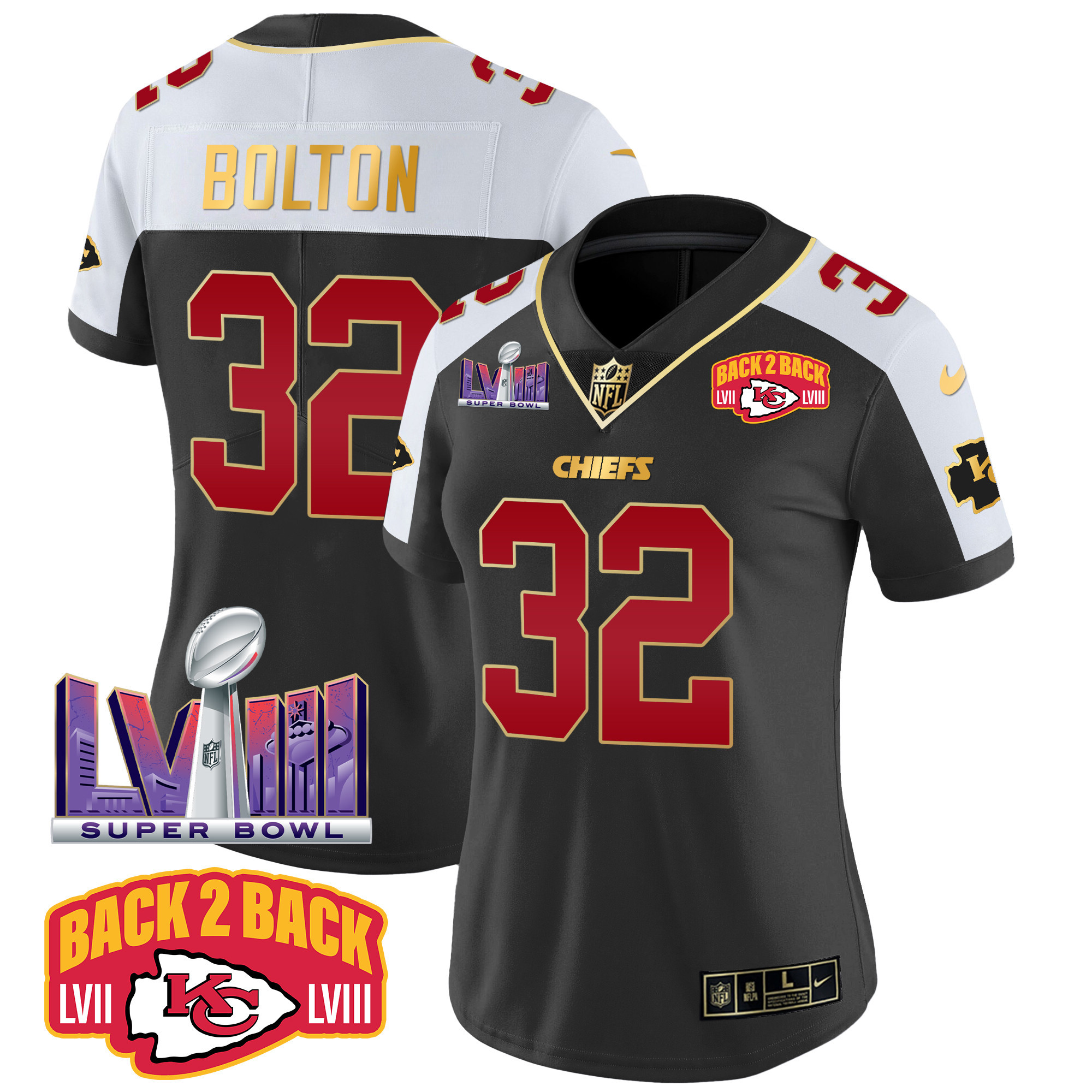 Nick Bolton Women's Kansas City Chiefs Super Bowl LVIII & Back 2 Back Patch Vapor Black Alternate Jersey - All Stitched