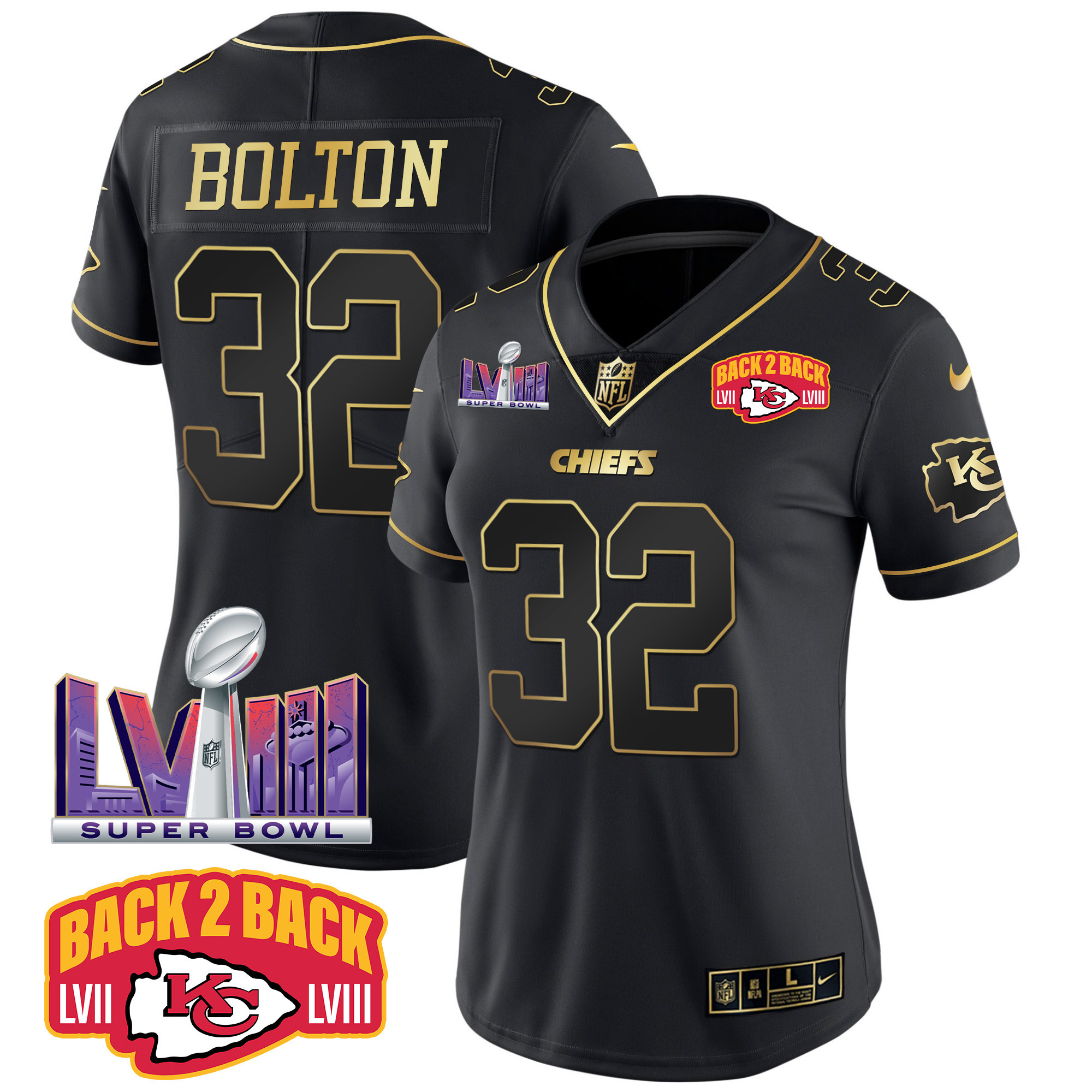 Nick Bolton Women's Kansas City Chiefs Super Bowl LVIII & Back 2 Back Patch Vapor Black Gold Jersey - All Stitched