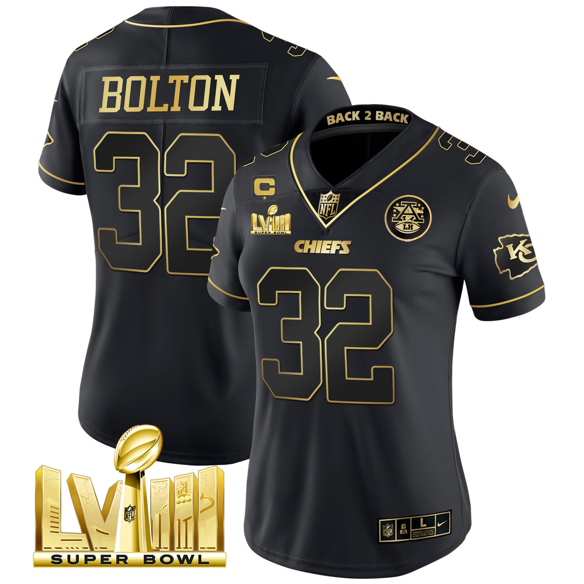 Nick Bolton Women's Kansas City Chiefs Super Bowl LVIII & Back 2 Back Patch Vapor Black Gold Jersey - All Stitched