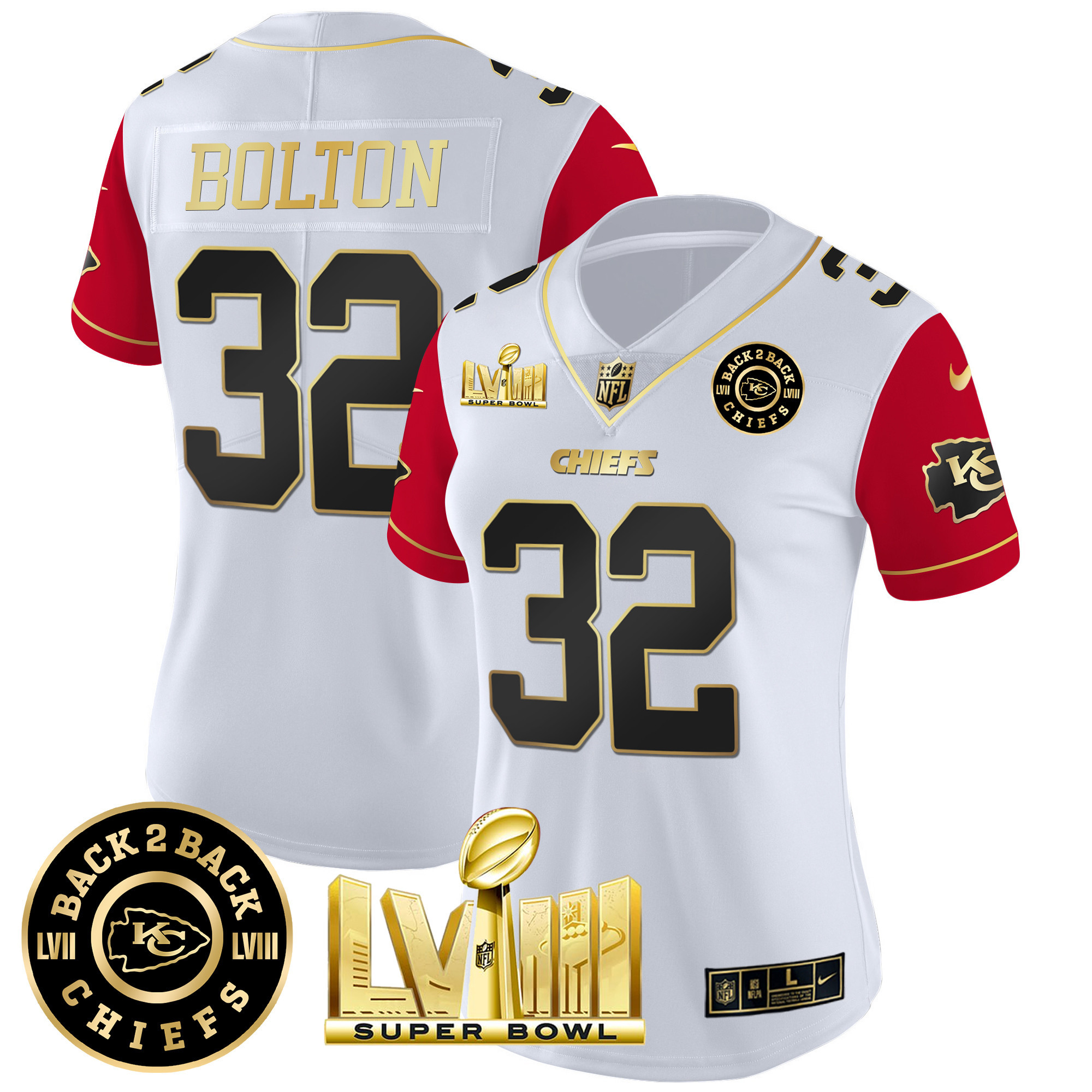 Nick Bolton Women's Kansas City Chiefs Super Bowl LVIII & Back 2 Back Patch Vapor Color Sleeves Jersey - All Stitched