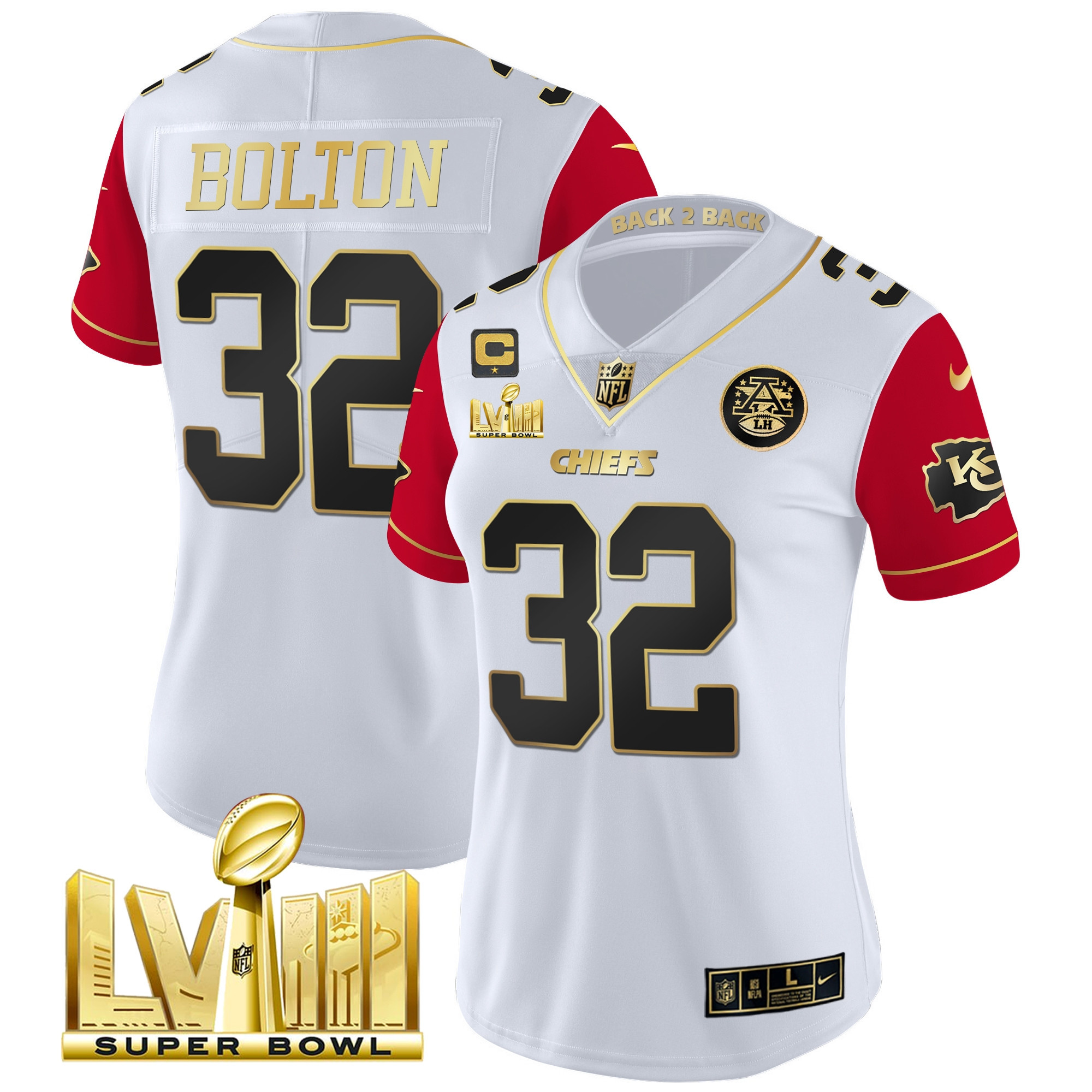 Nick Bolton Women's Kansas City Chiefs Super Bowl LVIII & Back 2 Back Patch Vapor Color Sleeves Jersey - All Stitched