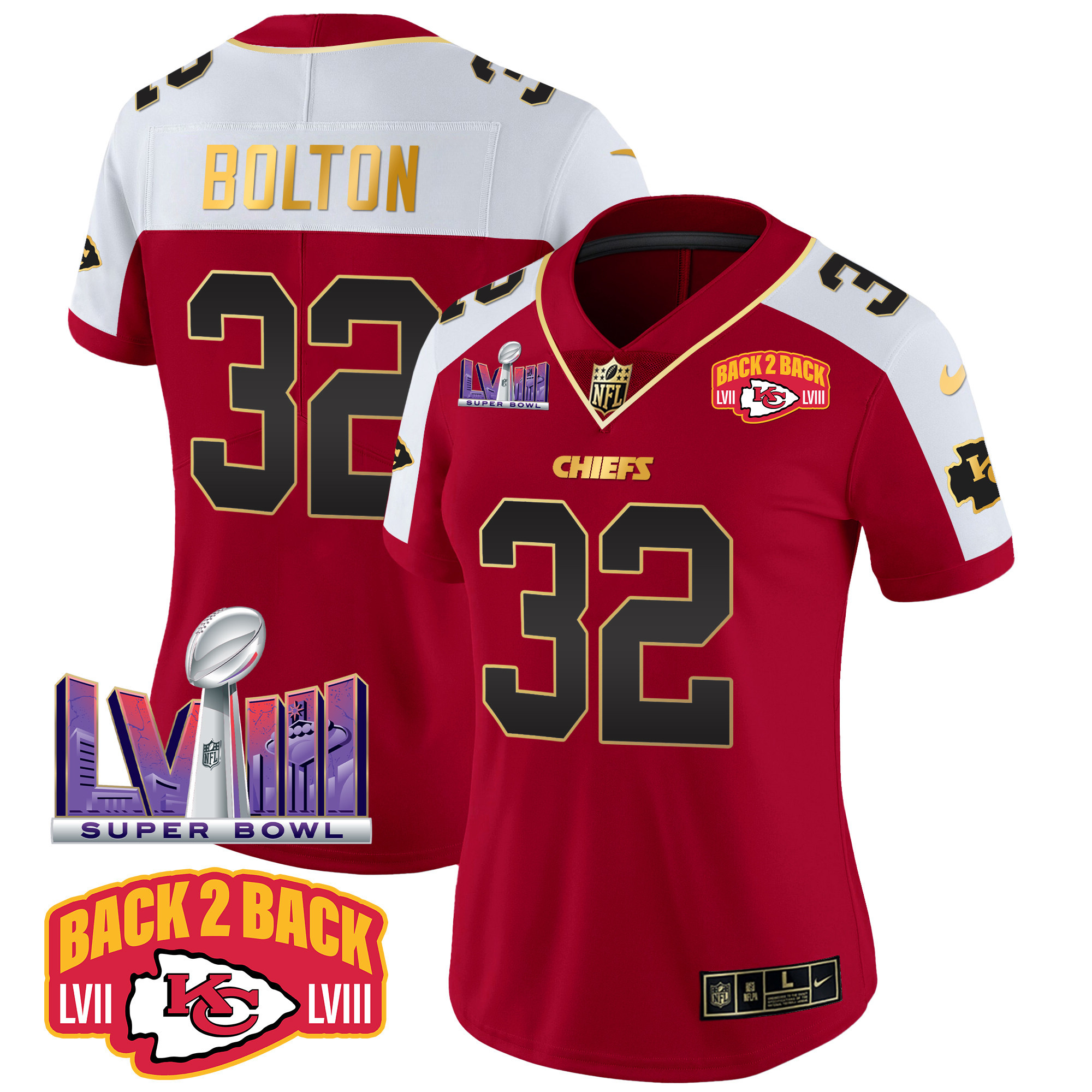 Nick Bolton Women's Kansas City Chiefs Super Bowl LVIII & Back 2 Back Patch Vapor Red Alternate Jersey - All Stitched
