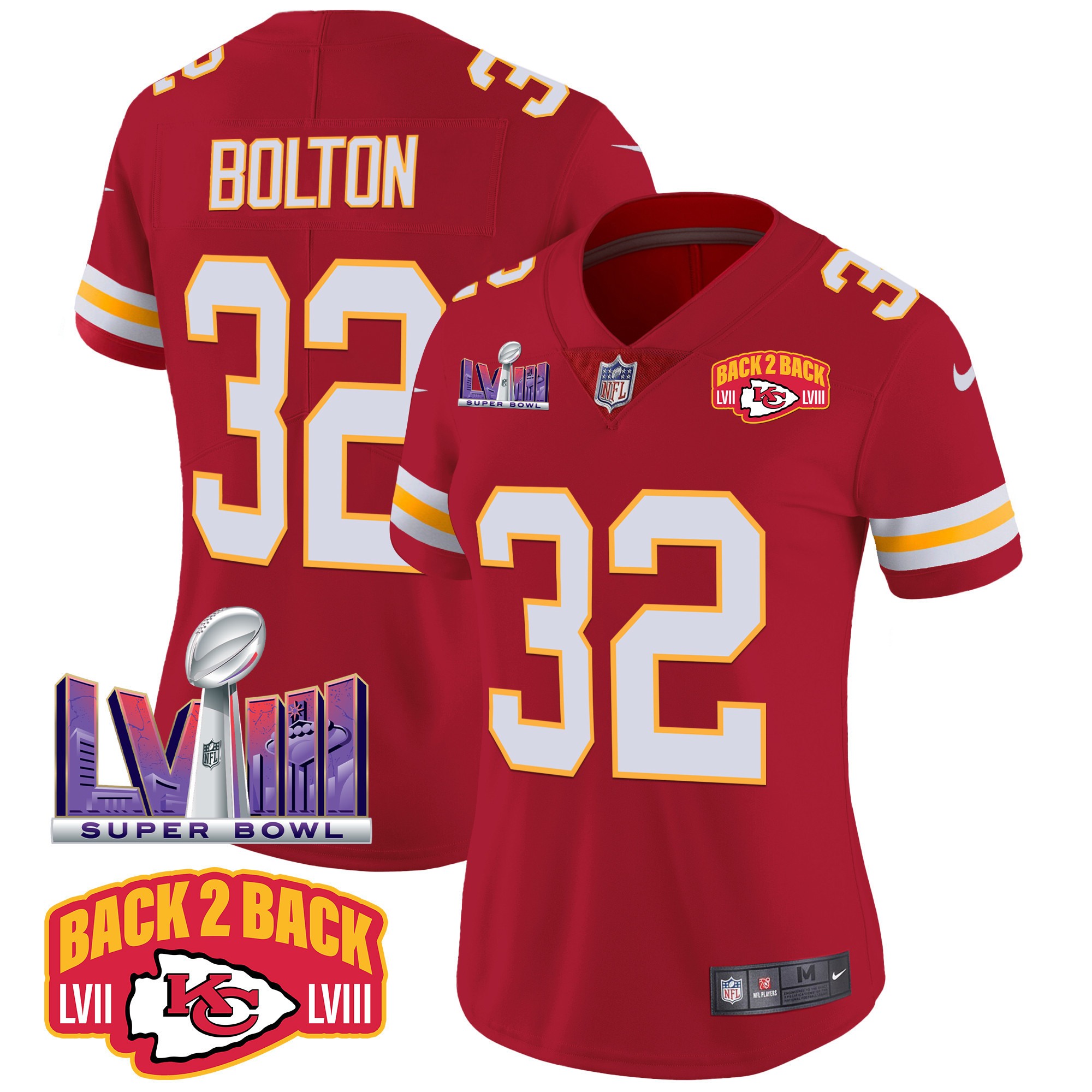 Nick Bolton Women's Kansas City Chiefs Super Bowl LVIII & Back 2 Back Patch Vapor Red Jersey - All Stitched