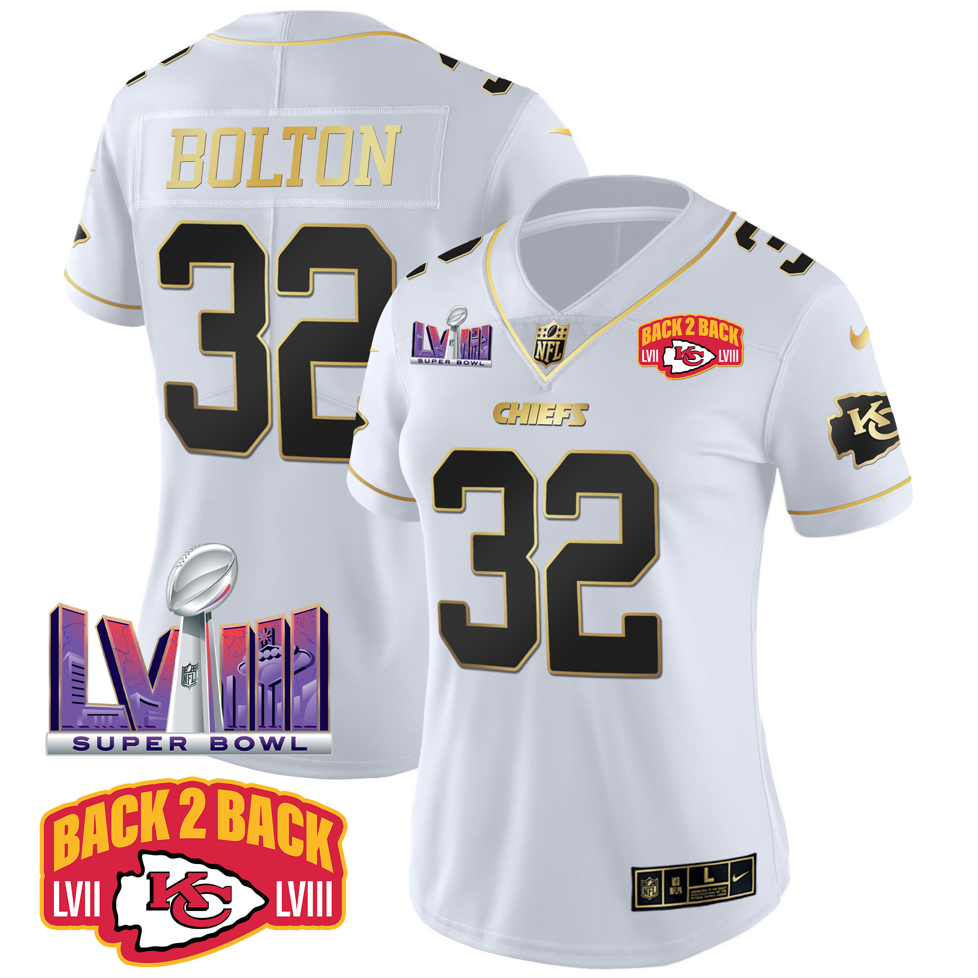 Nick Bolton Women's Kansas City Chiefs Super Bowl LVIII & Back 2 Back Patch Vapor White Gold Jersey - All Stitched