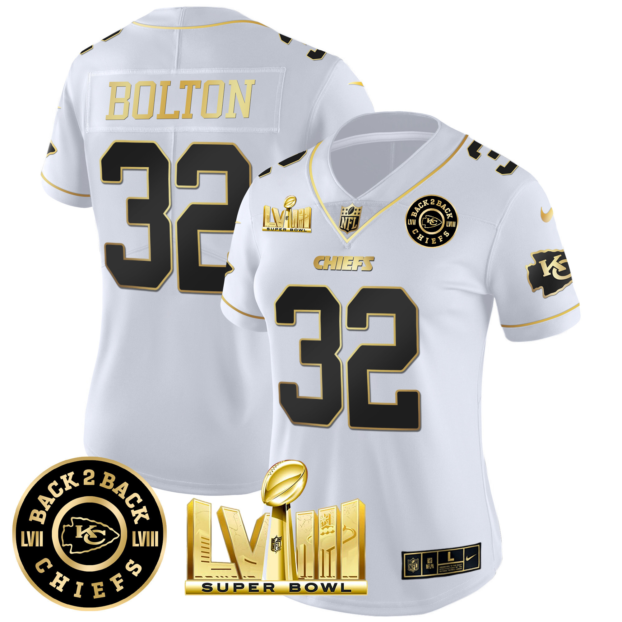 Nick Bolton Women's Kansas City Chiefs Super Bowl LVIII & Back 2 Back Patch Vapor White Gold Jersey - All Stitched