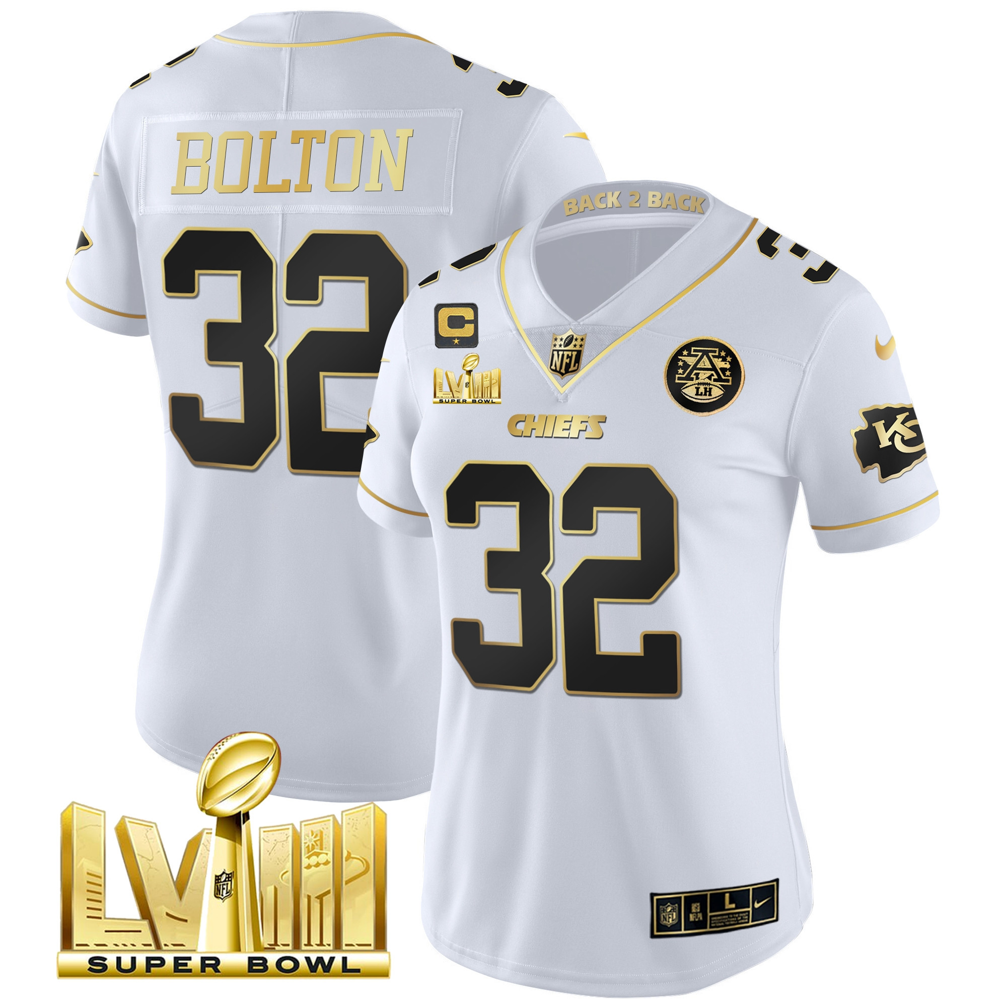 Nick Bolton Women's Kansas City Chiefs Super Bowl LVIII & Back 2 Back Patch Vapor White Gold Jersey - All Stitched