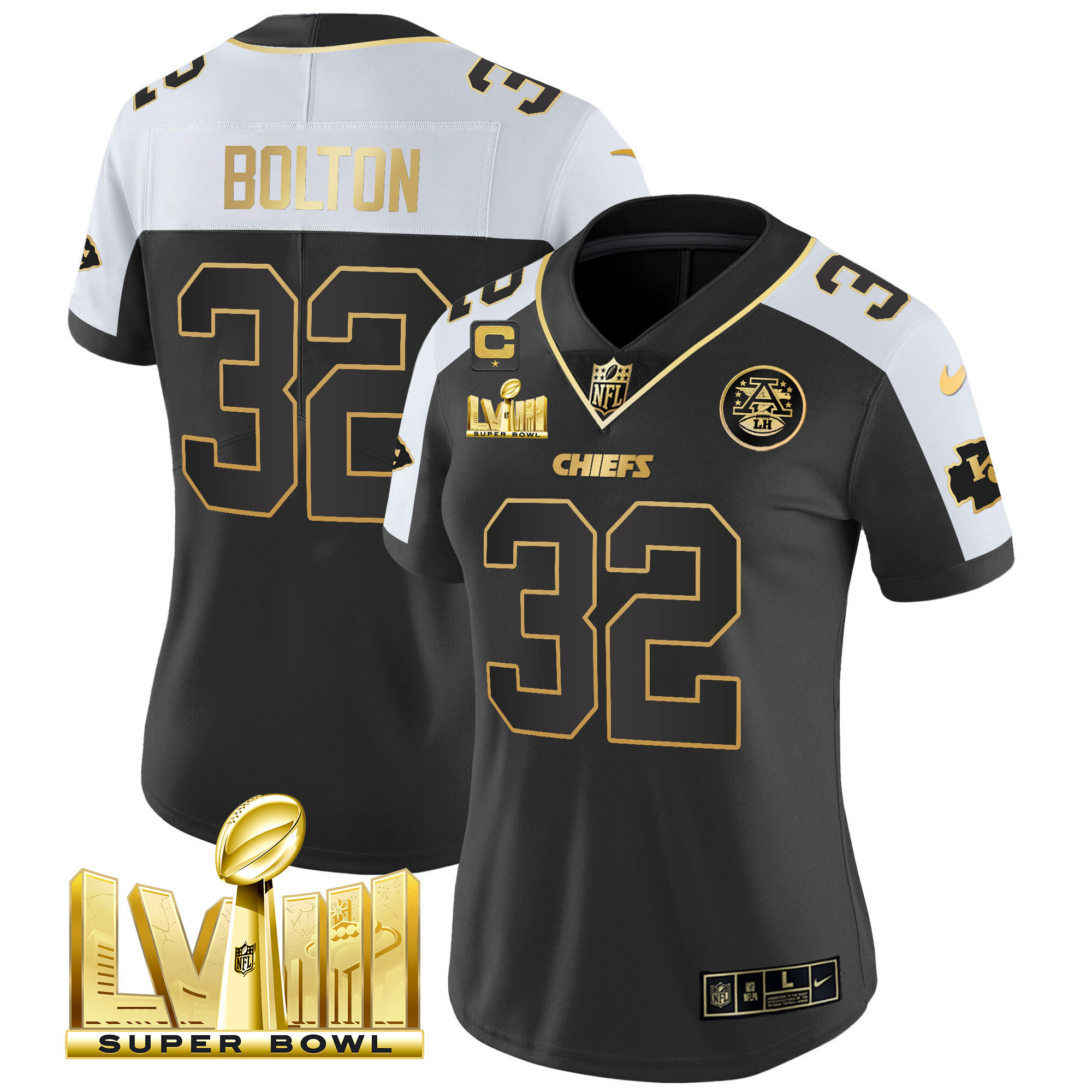 Nick Bolton Women's Kansas City Chiefs Super Bowl LVIII Gold Patch Vapor Alternate Jersey - All Stitched