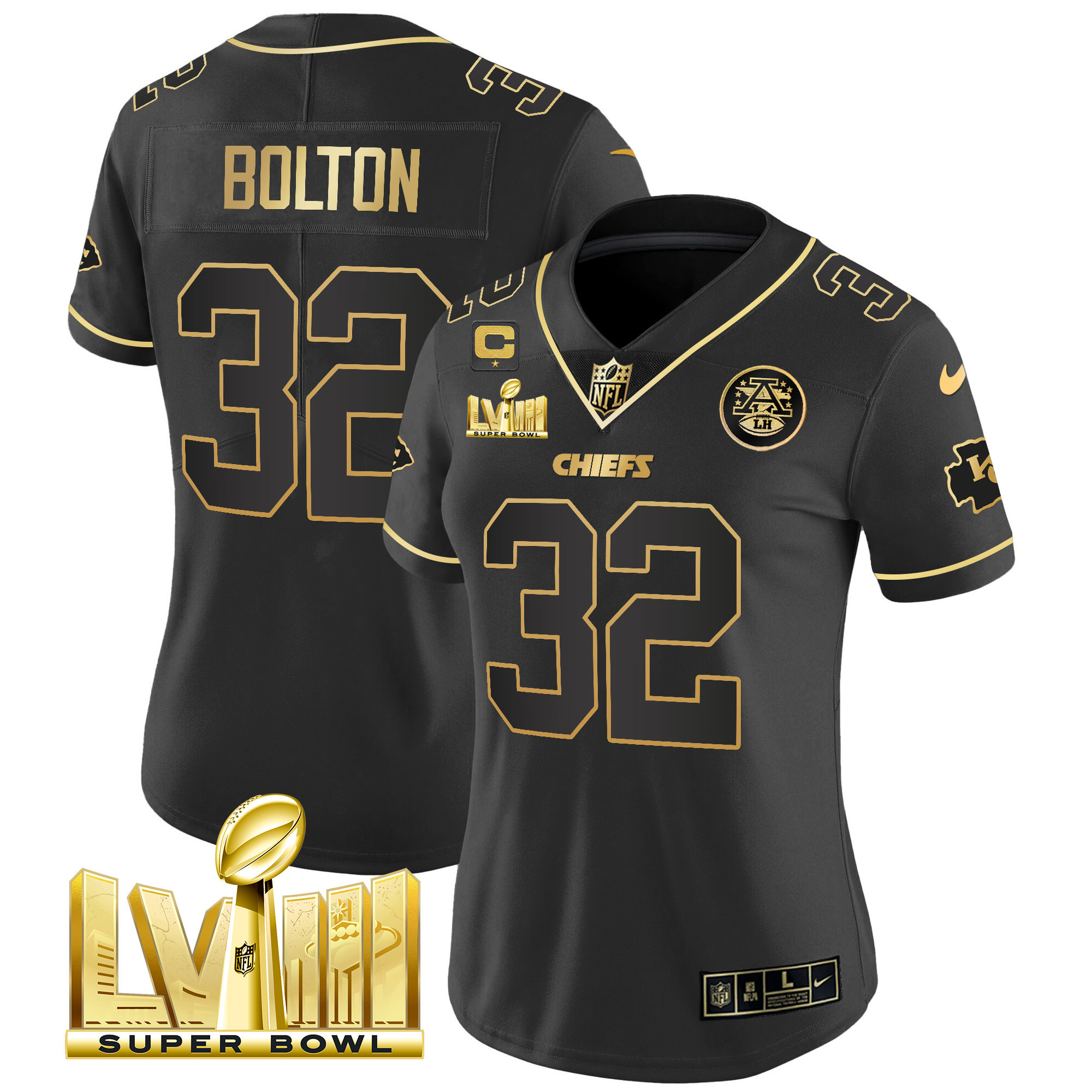 Nick Bolton Women's Kansas City Chiefs Super Bowl LVIII Gold Patch Vapor Black Gold Jersey - All Stitched
