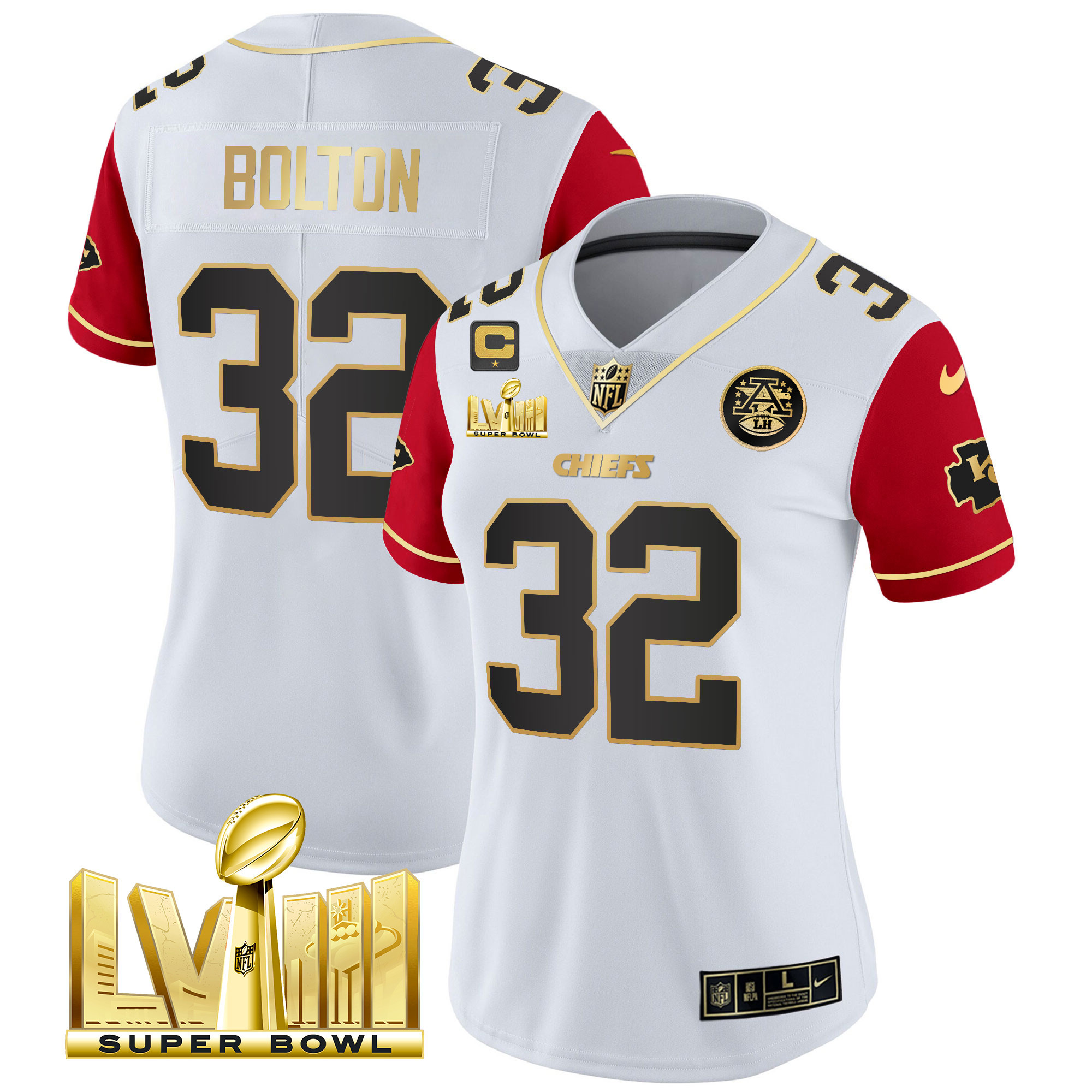 Nick Bolton Women's Kansas City Chiefs Super Bowl LVIII Gold Patch Vapor Color Sleeves Jersey - All Stitched