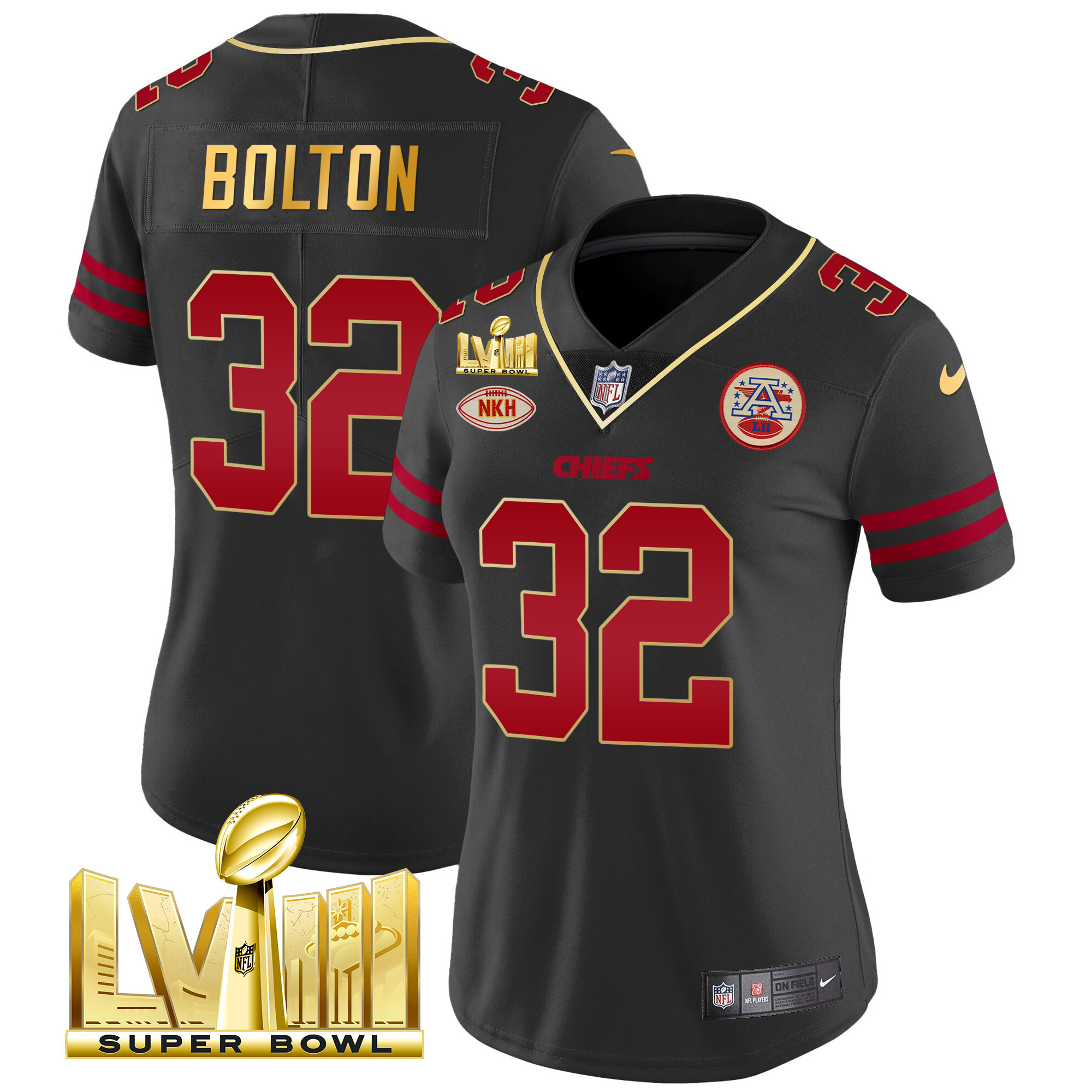 Nick Bolton Women's Kansas City Chiefs Super Bowl LVIII Gold Patch Vapor Gold Trim Jersey - All Stitched