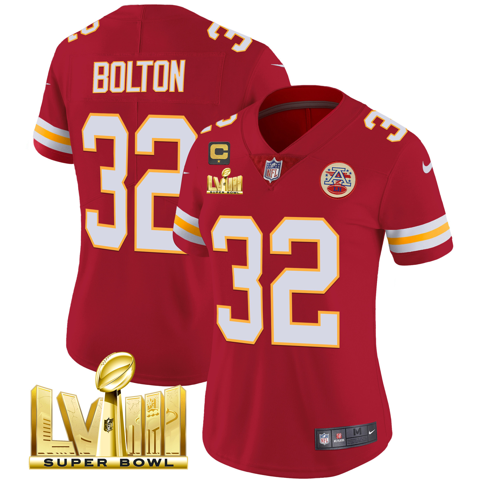 Nick Bolton Women's Kansas City Chiefs Super Bowl LVIII Gold Patch Vapor Red Jersey - All Stitched
