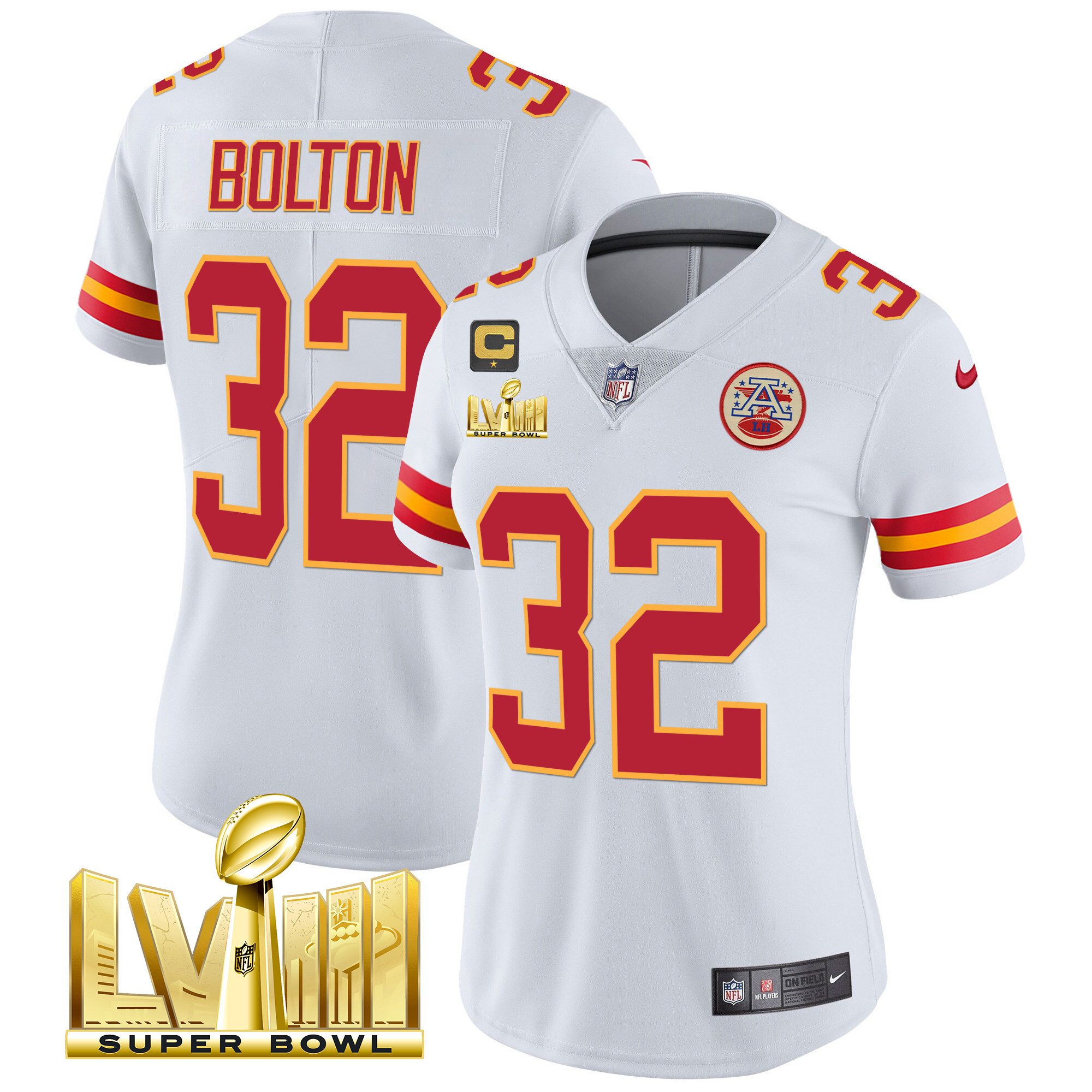 Nick Bolton Women's Kansas City Chiefs Super Bowl LVIII Gold Patch Vapor White Jersey - All Stitched