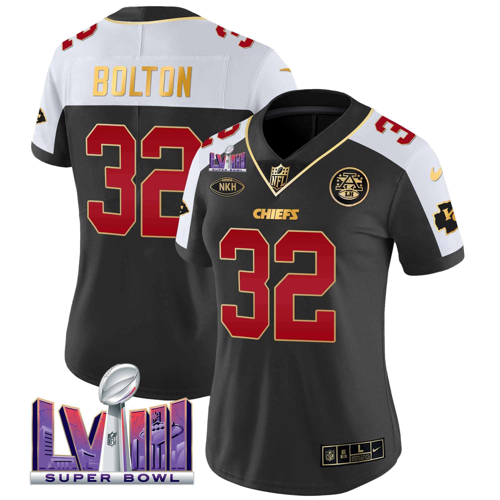 Nick Bolton Women's Kansas City Chiefs Super Bowl LVIII Patch Vapor Black Alternate Jersey - All Stitched