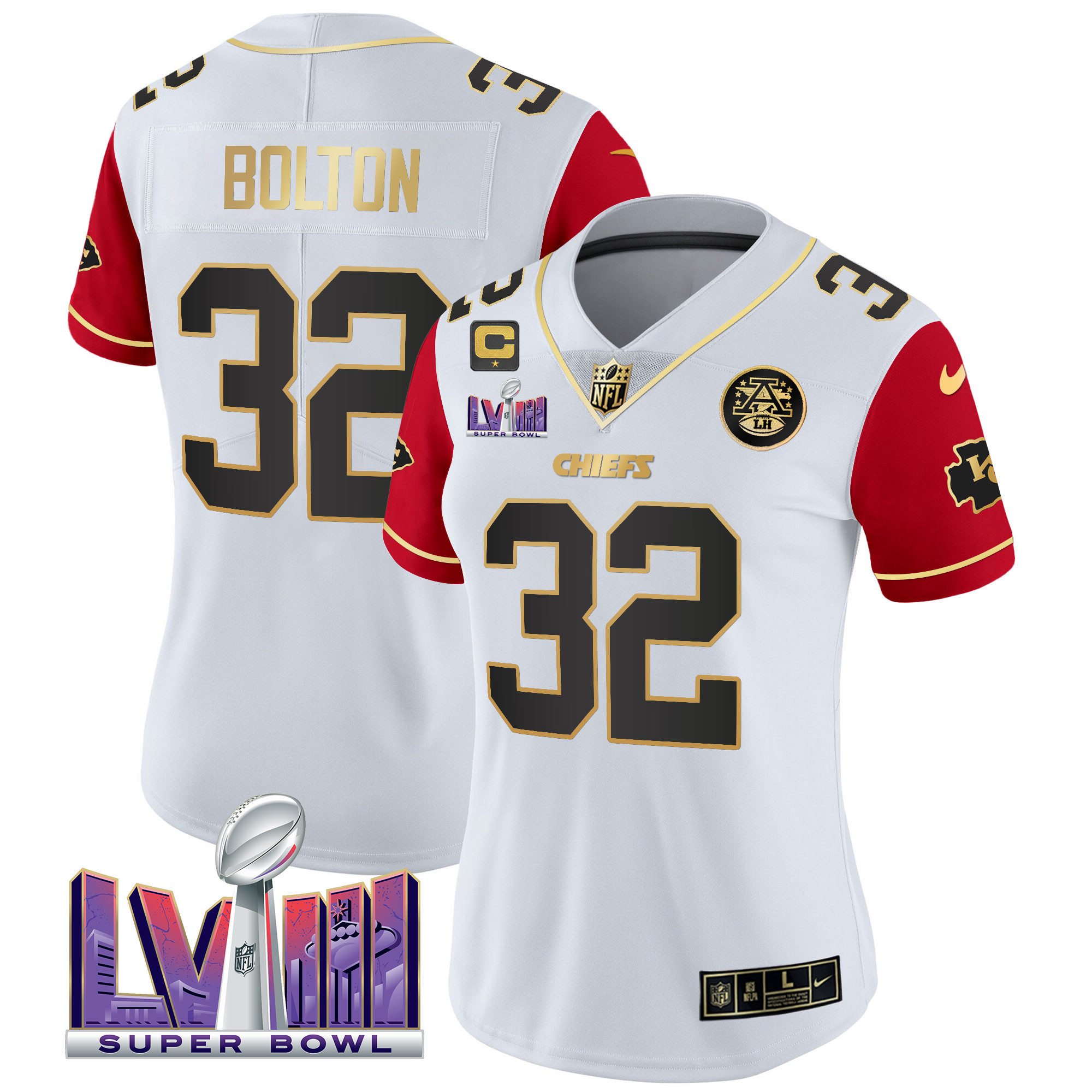 Nick Bolton Women's Kansas City Chiefs Super Bowl LVIII Patch Vapor Color Sleeves Jersey - All Stitched