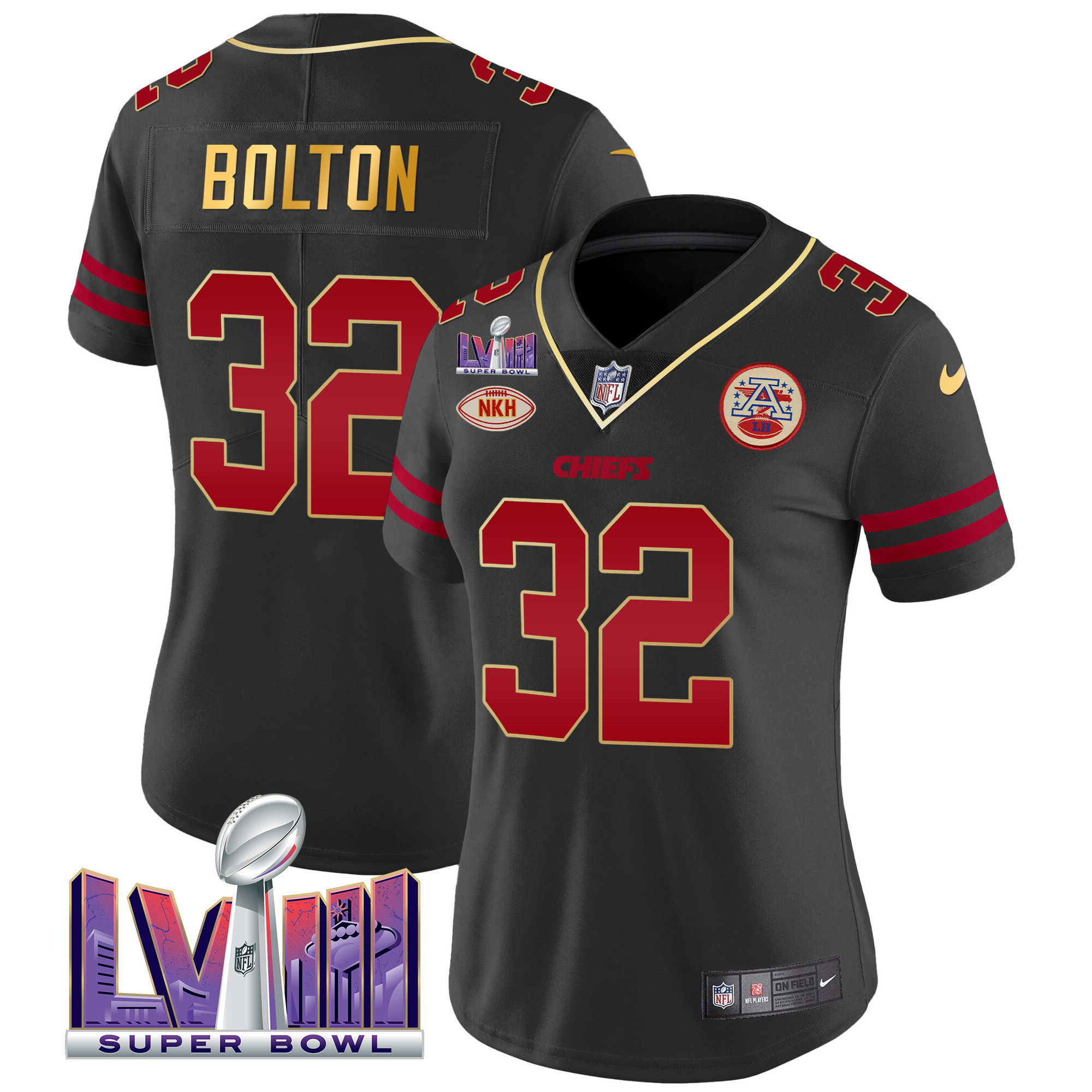 Nick Bolton Women's Kansas City Chiefs Super Bowl LVIII Patch Vapor Gold Trim Jersey - All Stitched