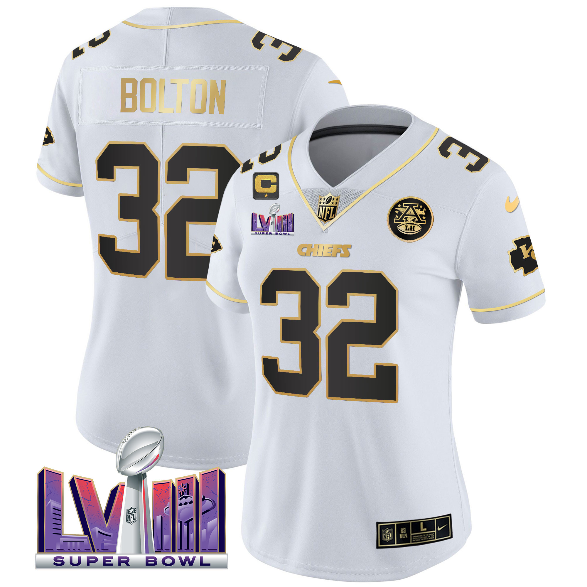 Nick Bolton Women's Kansas City Chiefs Super Bowl LVIII Patch Vapor White Gold Jersey - All Stitched