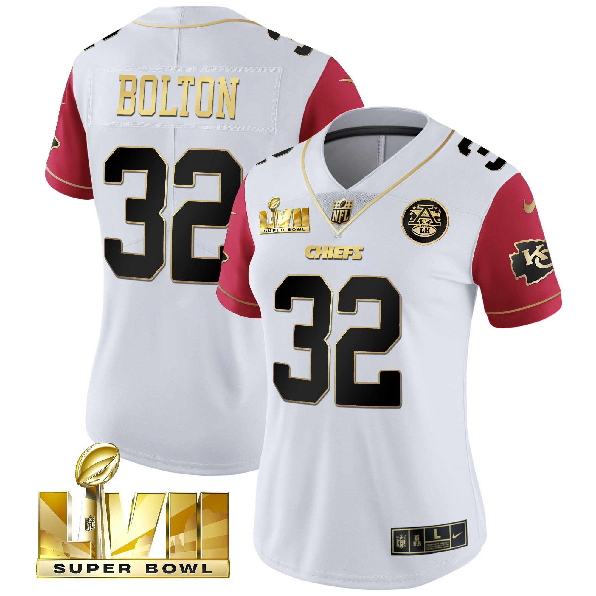 Nick Bolton Women's Kansas City Chiefs Super Bowl Vapor Gold Color Sleeve Jersey - All Stitched