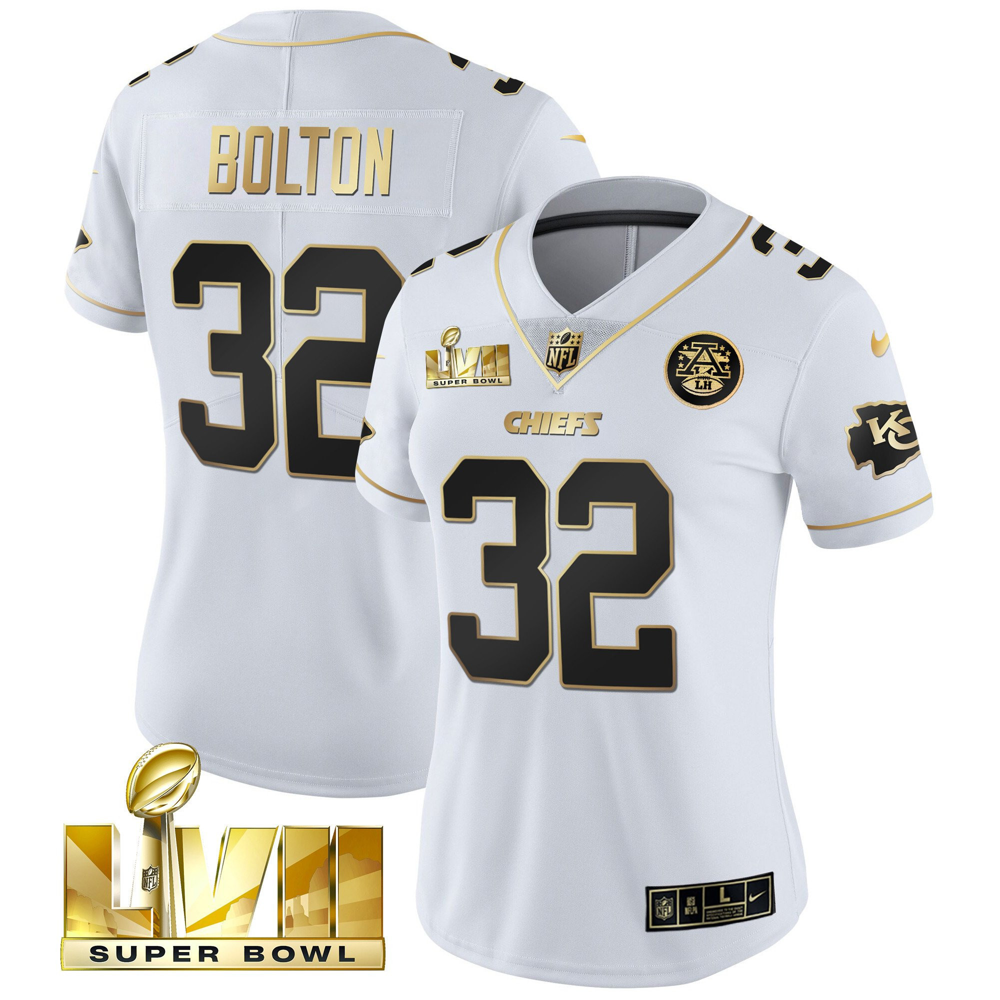Nick Bolton Women's Kansas City Chiefs Super Bowl Vapor Gold White Gold Jersey - All Stitched