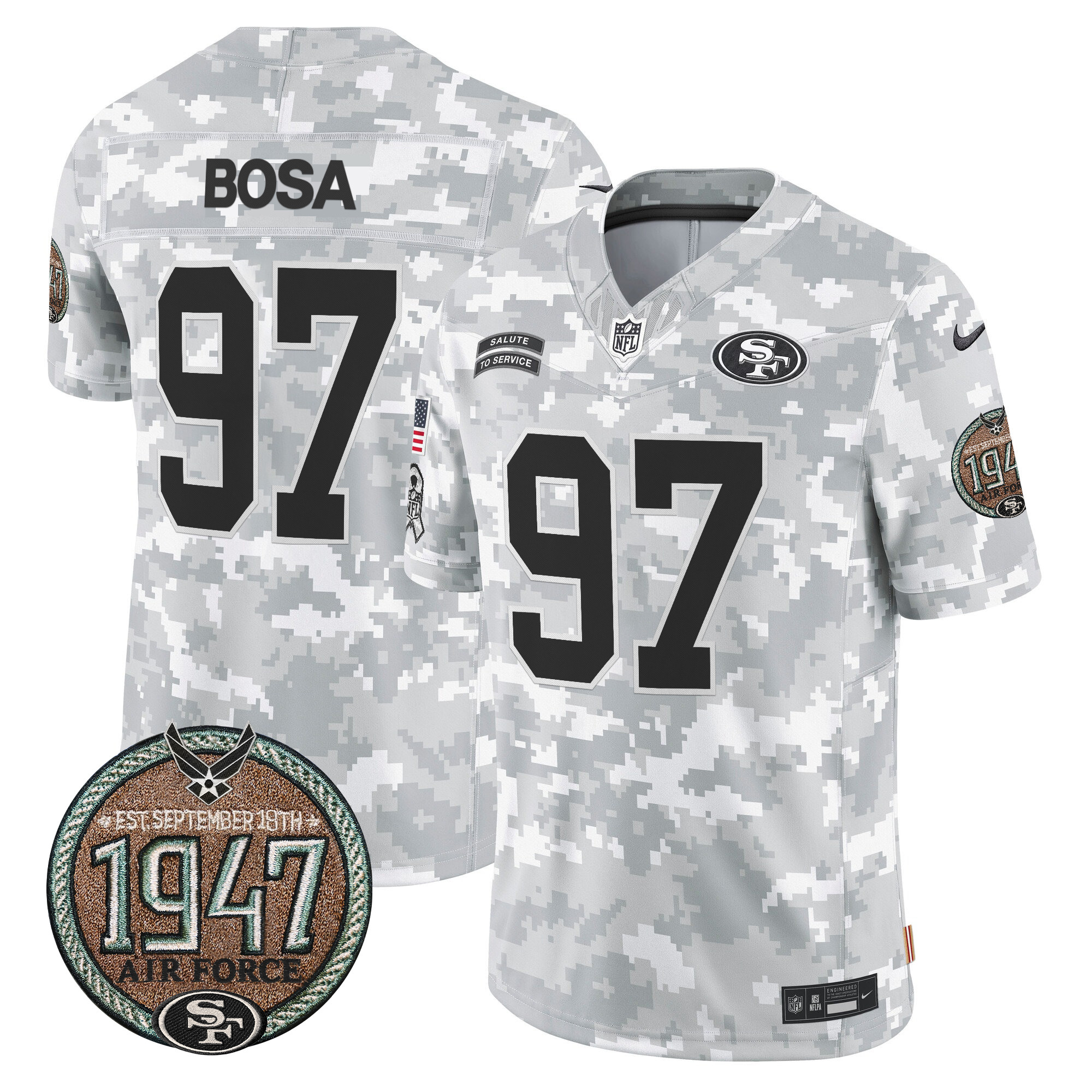 Nick Bosa Men's San Francisco 49ers 2024 Salute to Service Establishment Year Patch Vapor Limited Air Force Jersey - All Stitched
