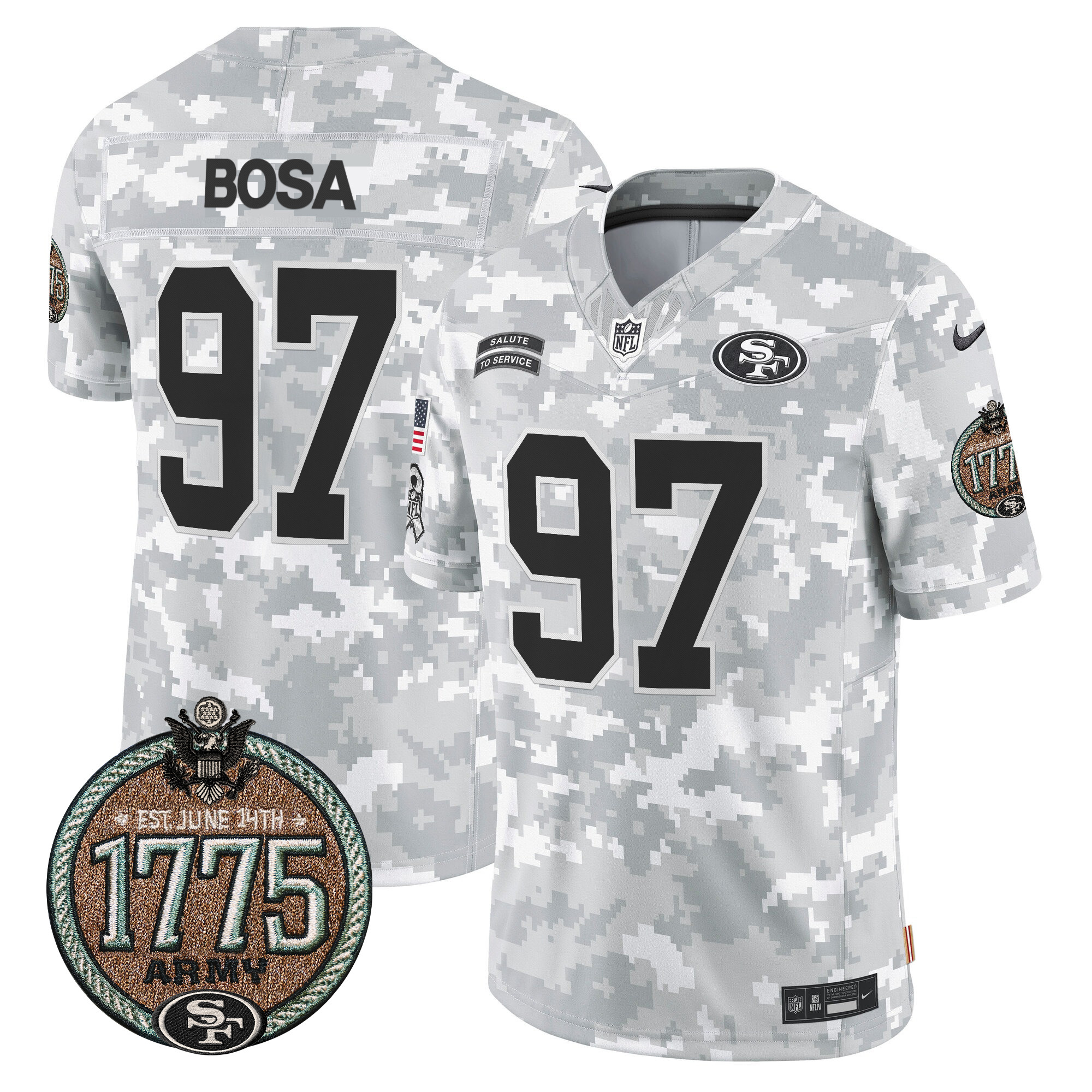 Nick Bosa Men's San Francisco 49ers 2024 Salute to Service Establishment Year Patch Vapor Limited Army Jersey - All Stitched