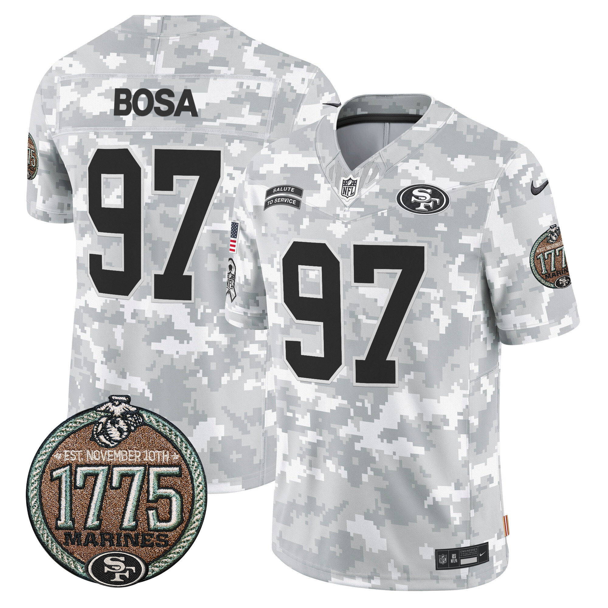 Nick Bosa Men's San Francisco 49ers 2024 Salute to Service Establishment Year Patch Vapor Limited Marines Jersey - All Stitched