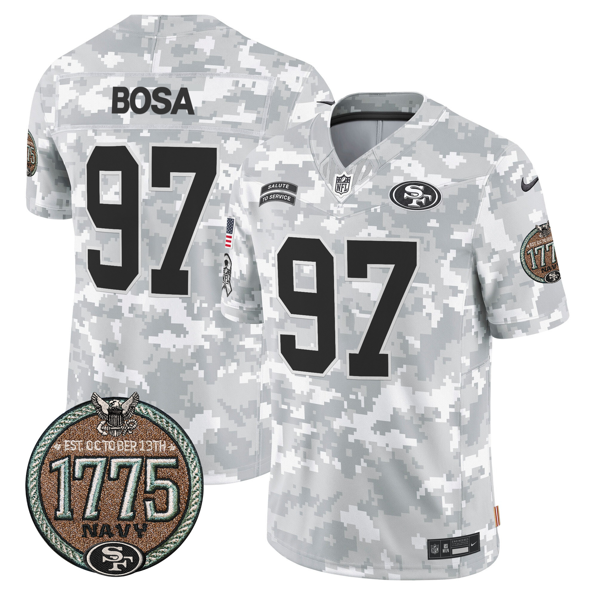 Nick Bosa Men's San Francisco 49ers 2024 Salute to Service Establishment Year Patch Vapor Limited Navy Jersey - All Stitched