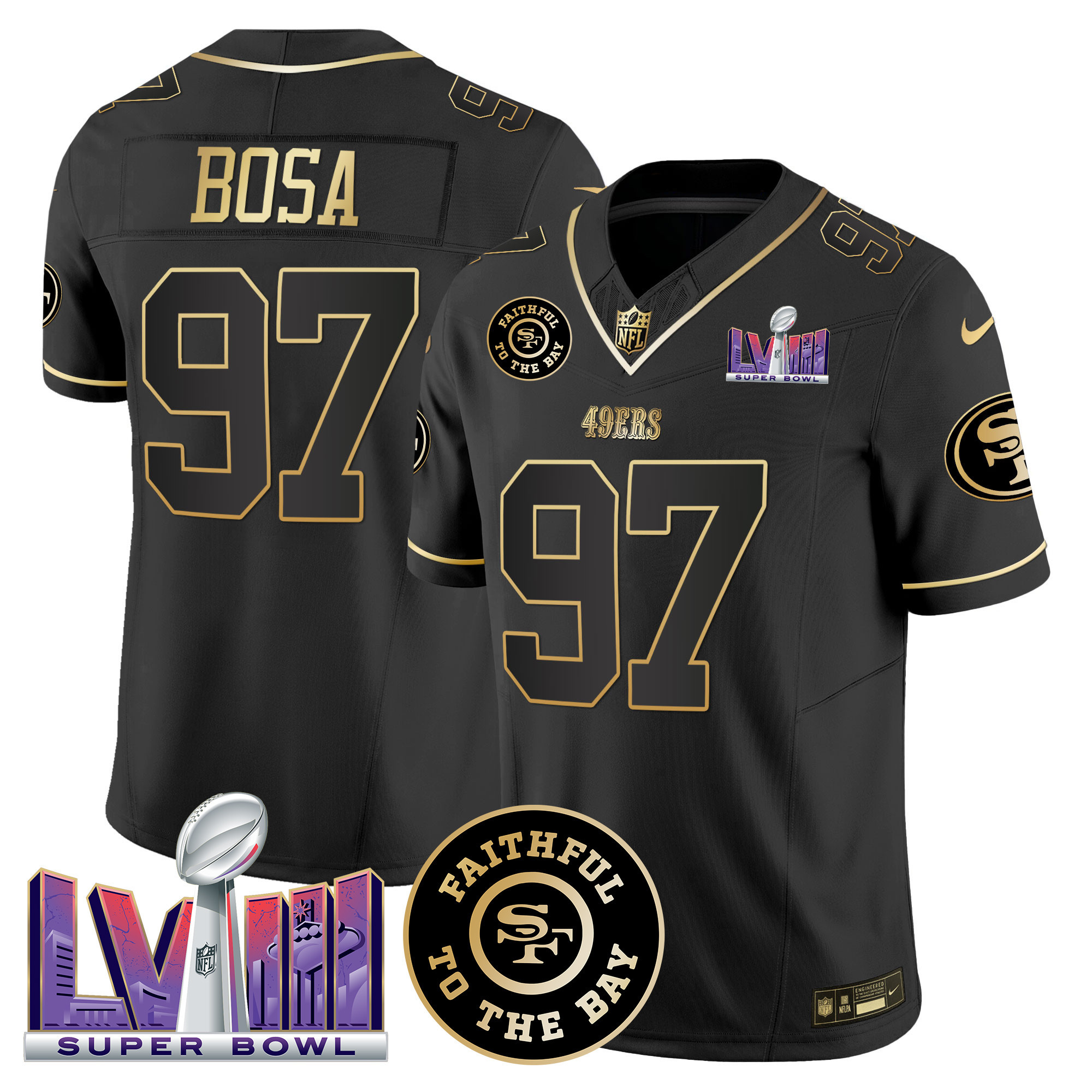 Nick Bosa Men's San Francisco 49ers  Faithful & Super Bowl LVIII Patch Vapor Black Gold Jersey - All Stitched