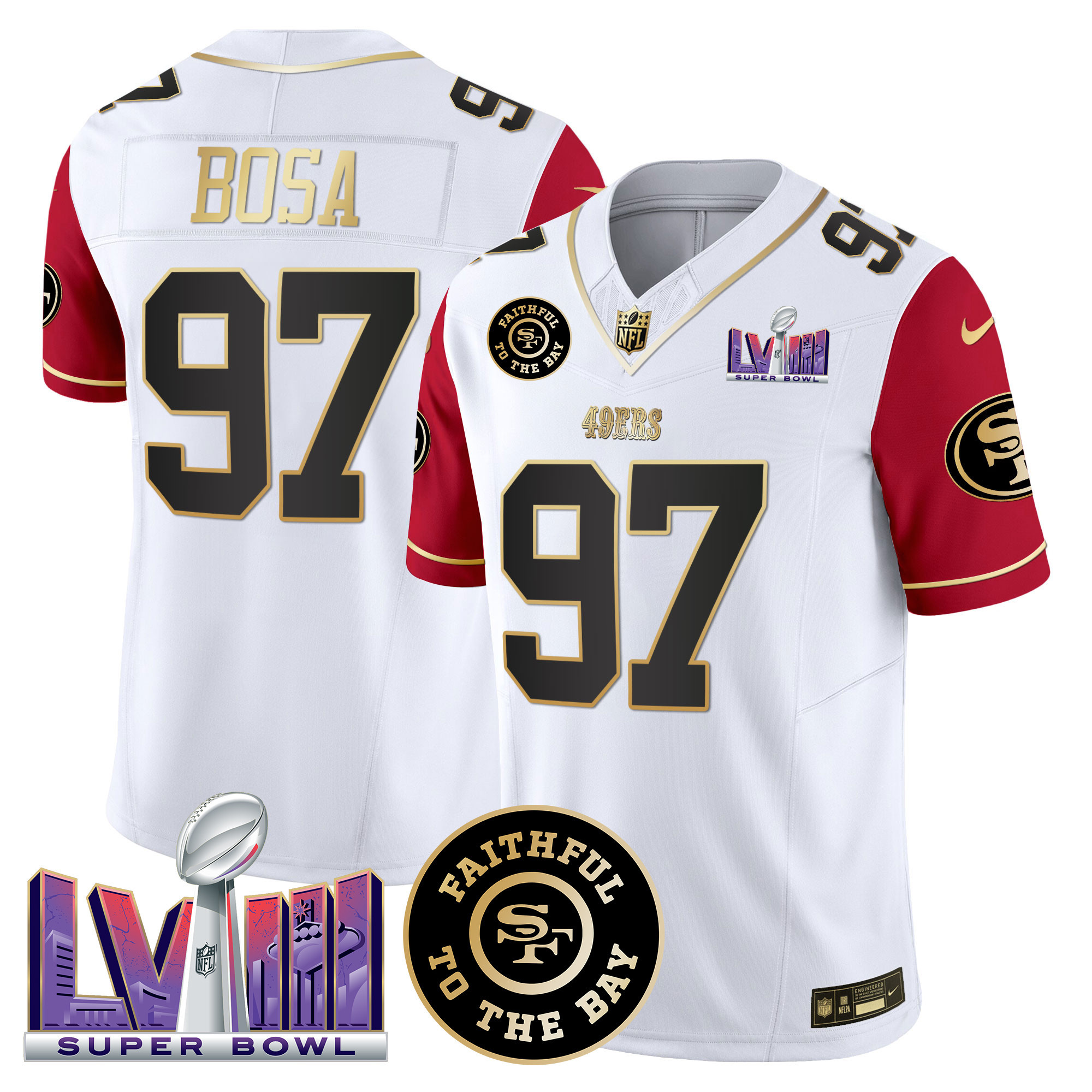 Nick Bosa Men's San Francisco 49ers  Faithful & Super Bowl LVIII Patch Vapor Color Sleeves Jersey - All Stitched