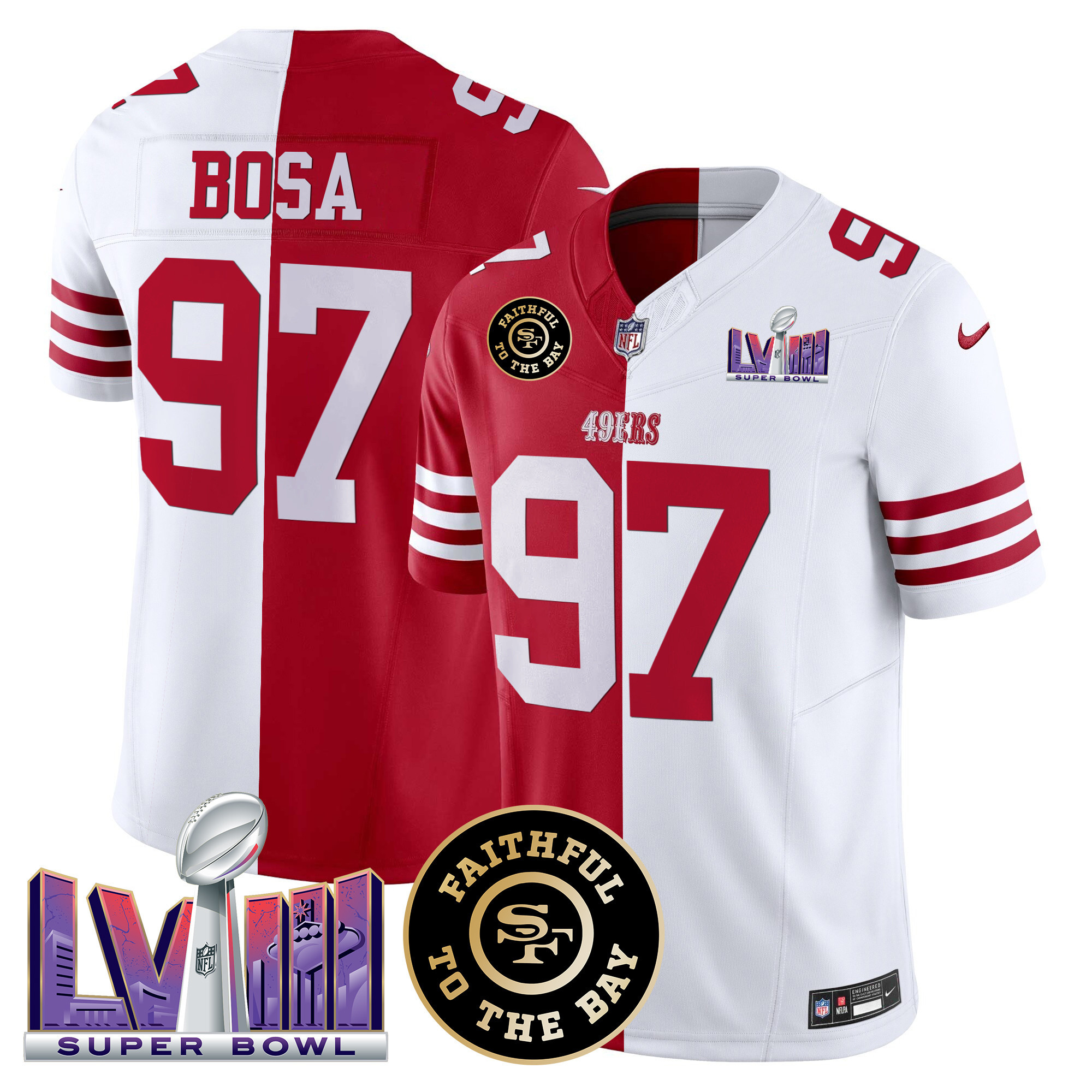 Nick Bosa Men's San Francisco 49ers  Faithful & Super Bowl LVIII Patch Vapor Split Jersey - All Stitched