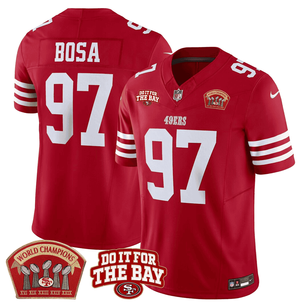 Nick Bosa San Francisco 49ers 5x World Champions & ÃƒÂ¢Ã¢â€šÂ¬Ã…â€œDo It For The BayÃƒÂ¢Ã¢â€šÂ¬Ã‚Â Patch Limited Red Jersey - All Stitched