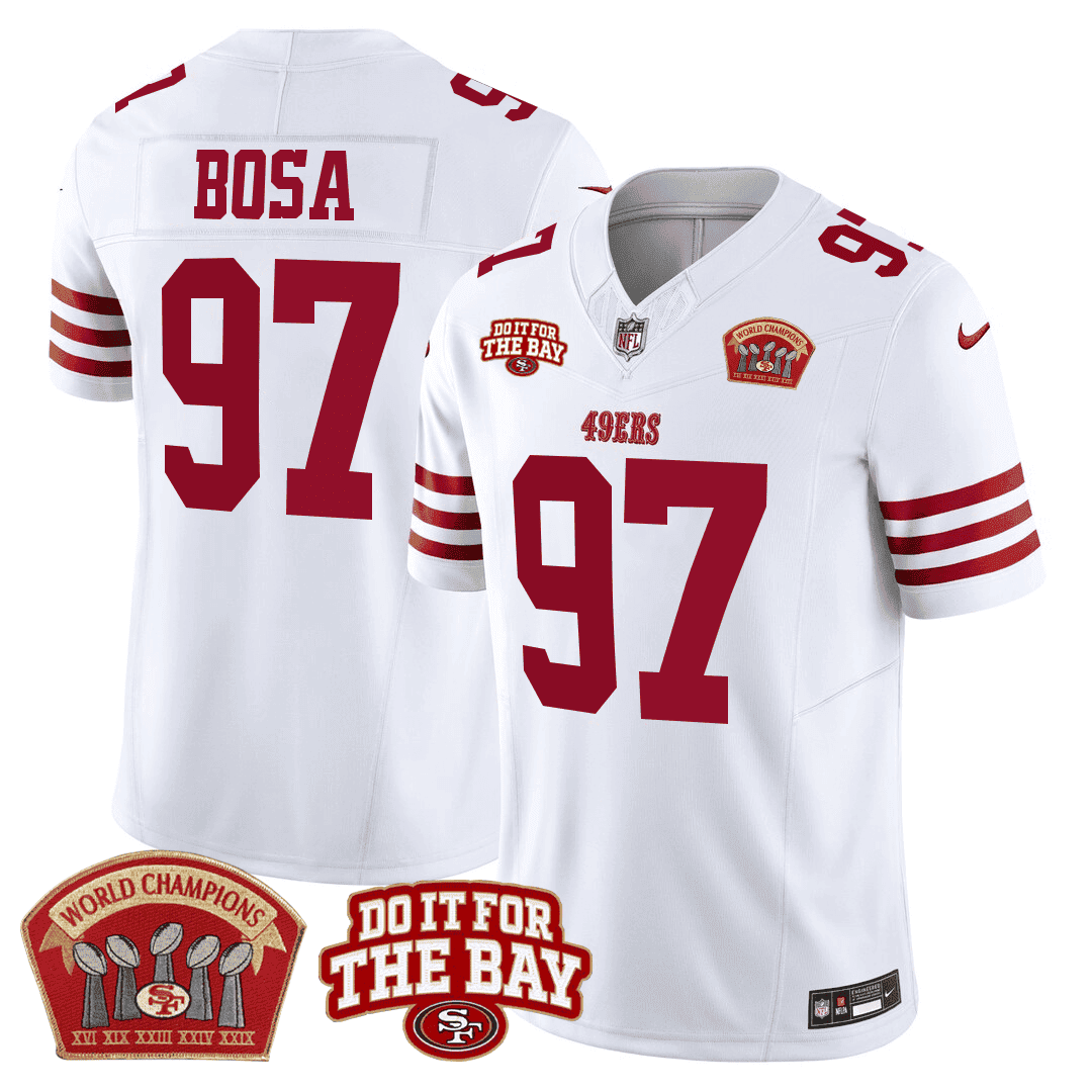 Nick Bosa San Francisco 49ers 5x World Champions & Ã¢â‚¬Å“Do It For The BayÃ¢â‚¬Â Patch Limited White Jersey - All Stitched