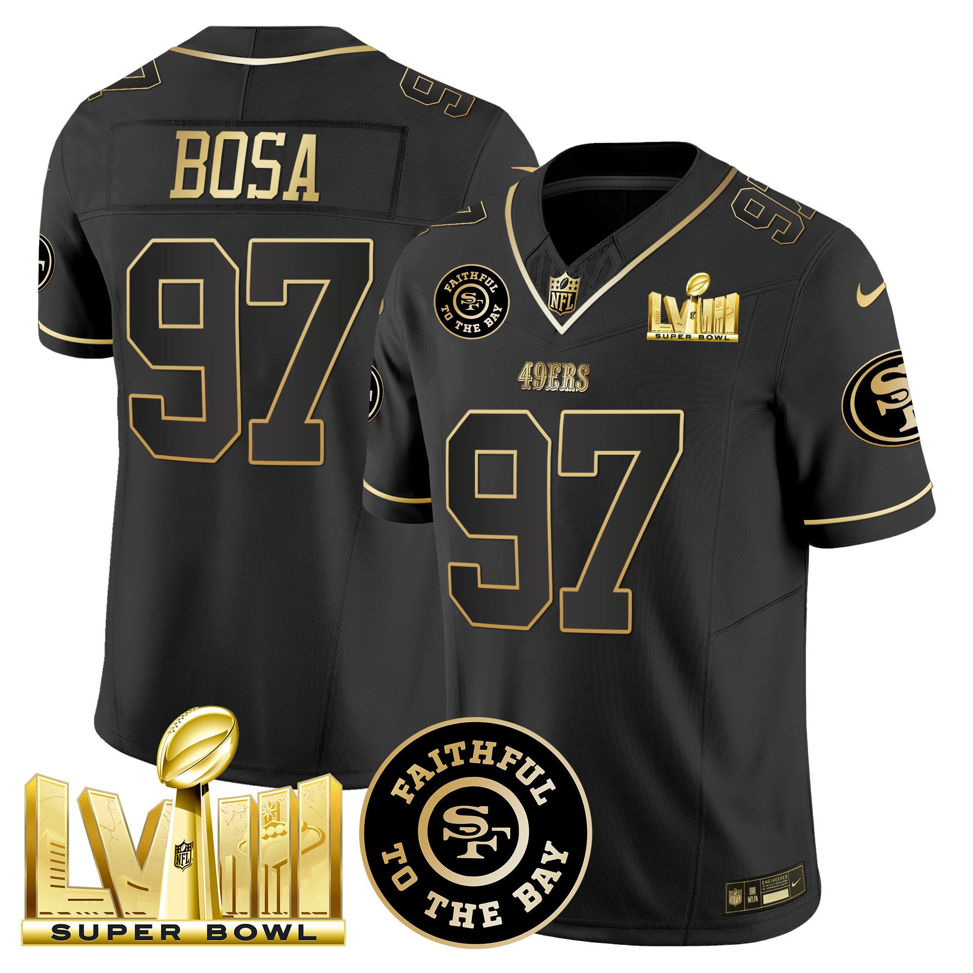 Nick Bosa San Francisco 49ers Faithful & Super Bowl LVIII Gold Patch Vapor Black Jersey - All Stitched