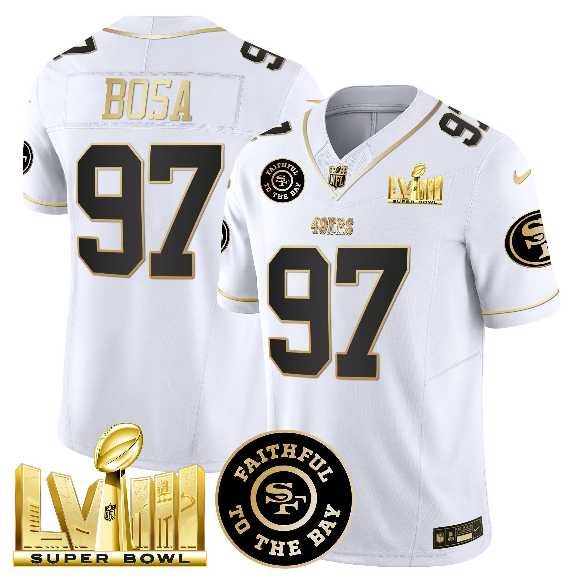 Nick Bosa San Francisco 49ers Faithful & Super Bowl LVIII Gold Patch Vapor White Jersey - All Stitched