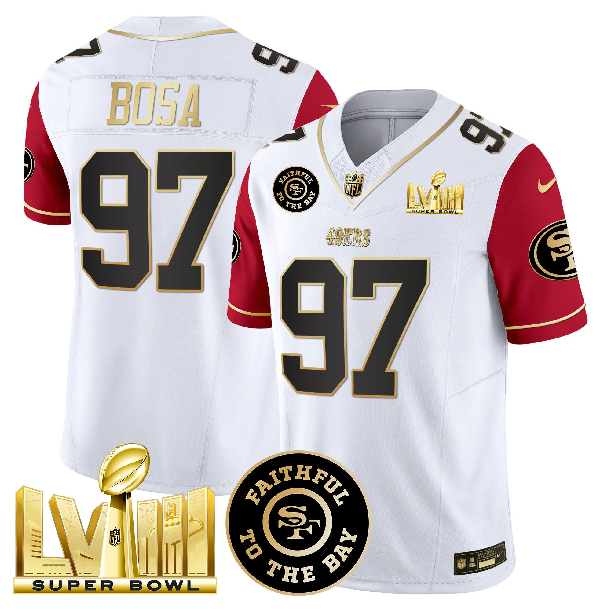 Nick Bosa San Francisco 49ers Faithful & Super Bowl LVIII Gold Patch Vapor White/Red Jersey - All Stitched