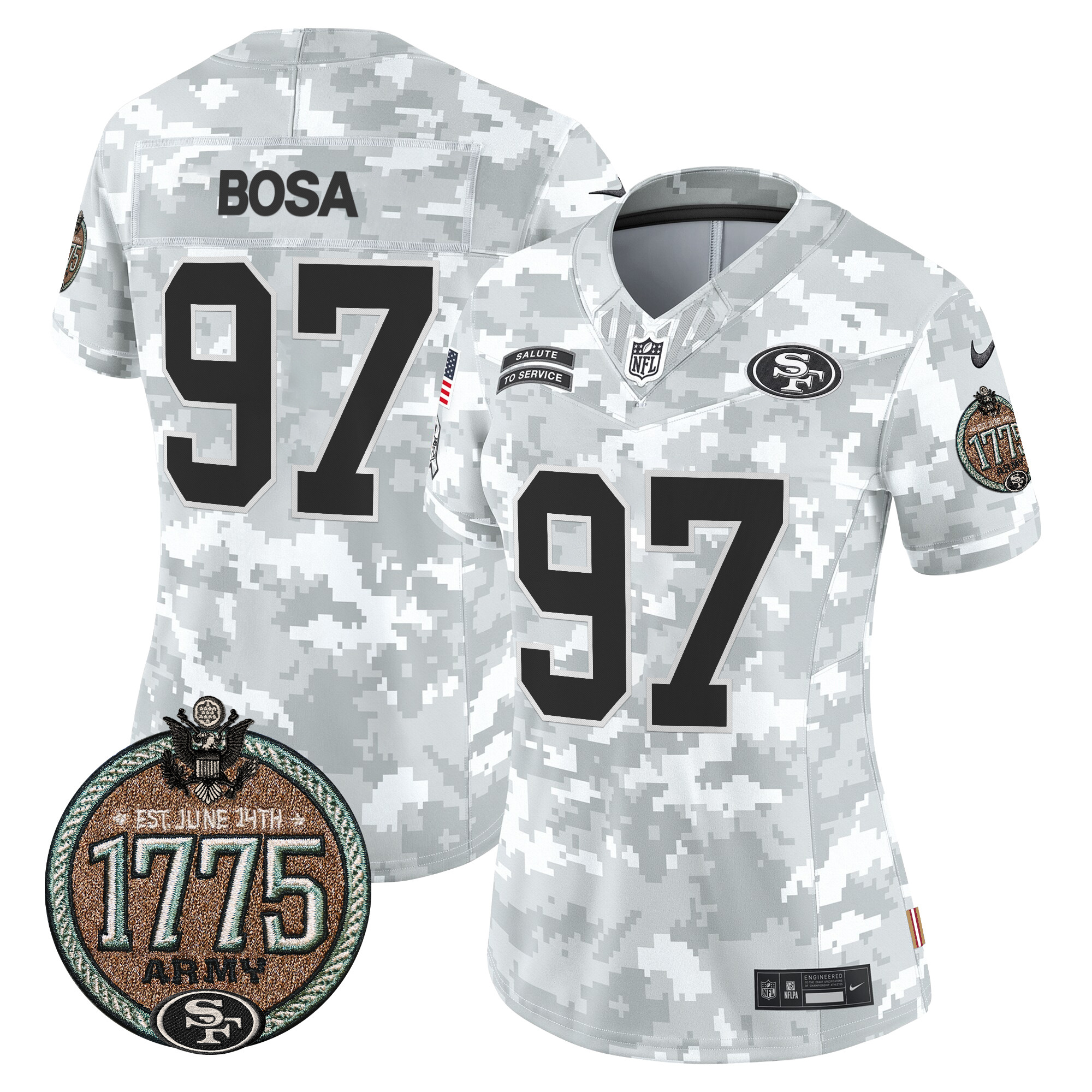 Nick Bosa Women's San Francisco 49ers 2024 Salute to Service Establishment Year Patch Vapor Limited Army Jersey - All Stitched
