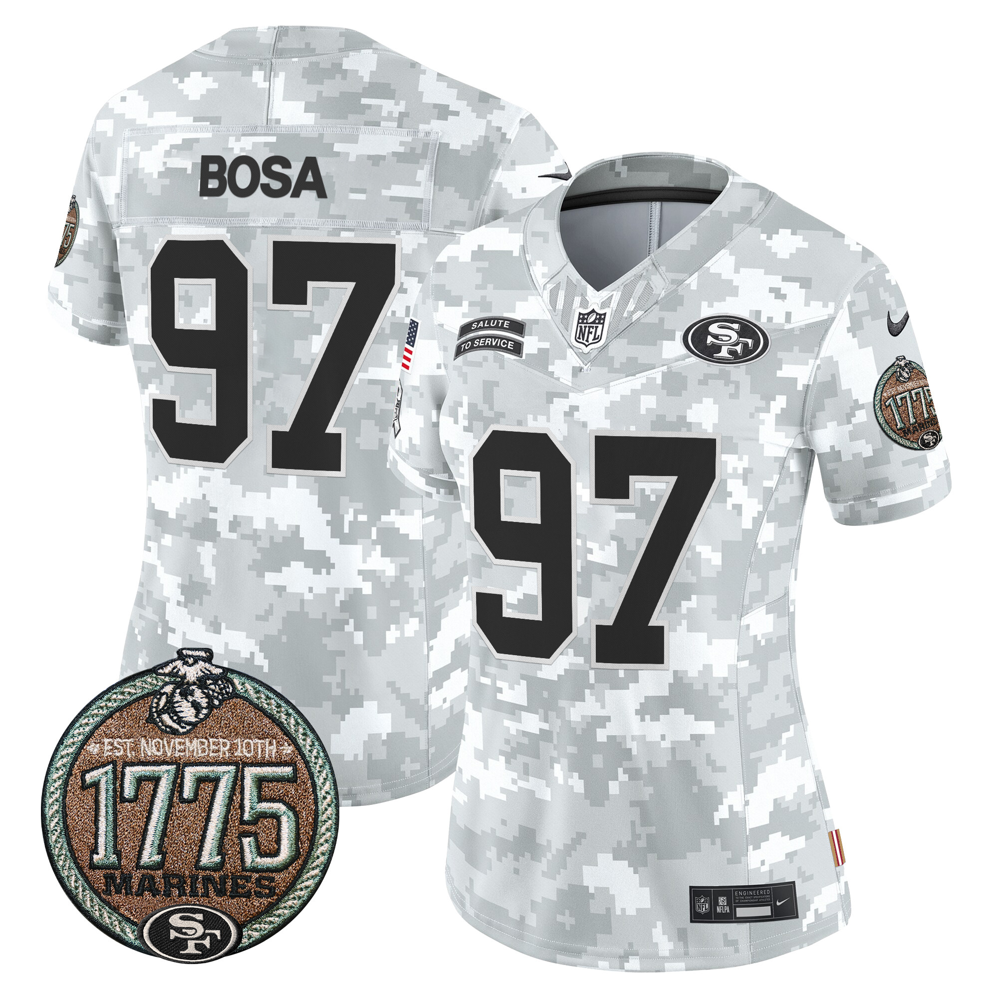 Nick Bosa Women's San Francisco 49ers 2024 Salute to Service Establishment Year Patch Vapor Limited Marines Jersey - All Stitched